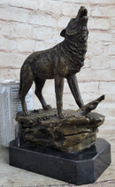 Signed Howling Wolf to the Moon Bronze Sculpture Marble Base