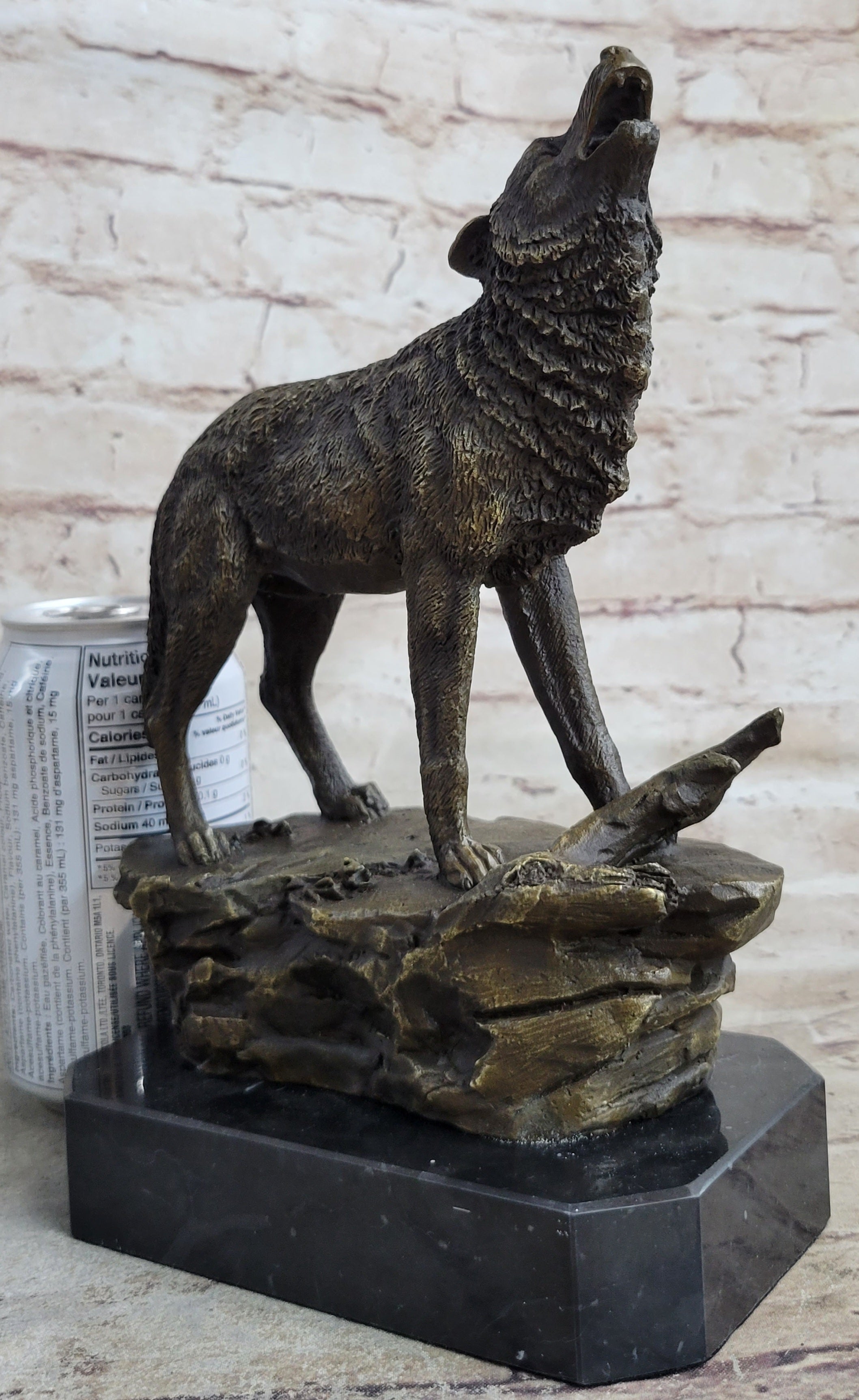 Signed Howling Wolf to the Moon Bronze Sculpture Marble Base