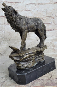 Signed Howling Wolf to the Moon Bronze Sculpture Marble Base