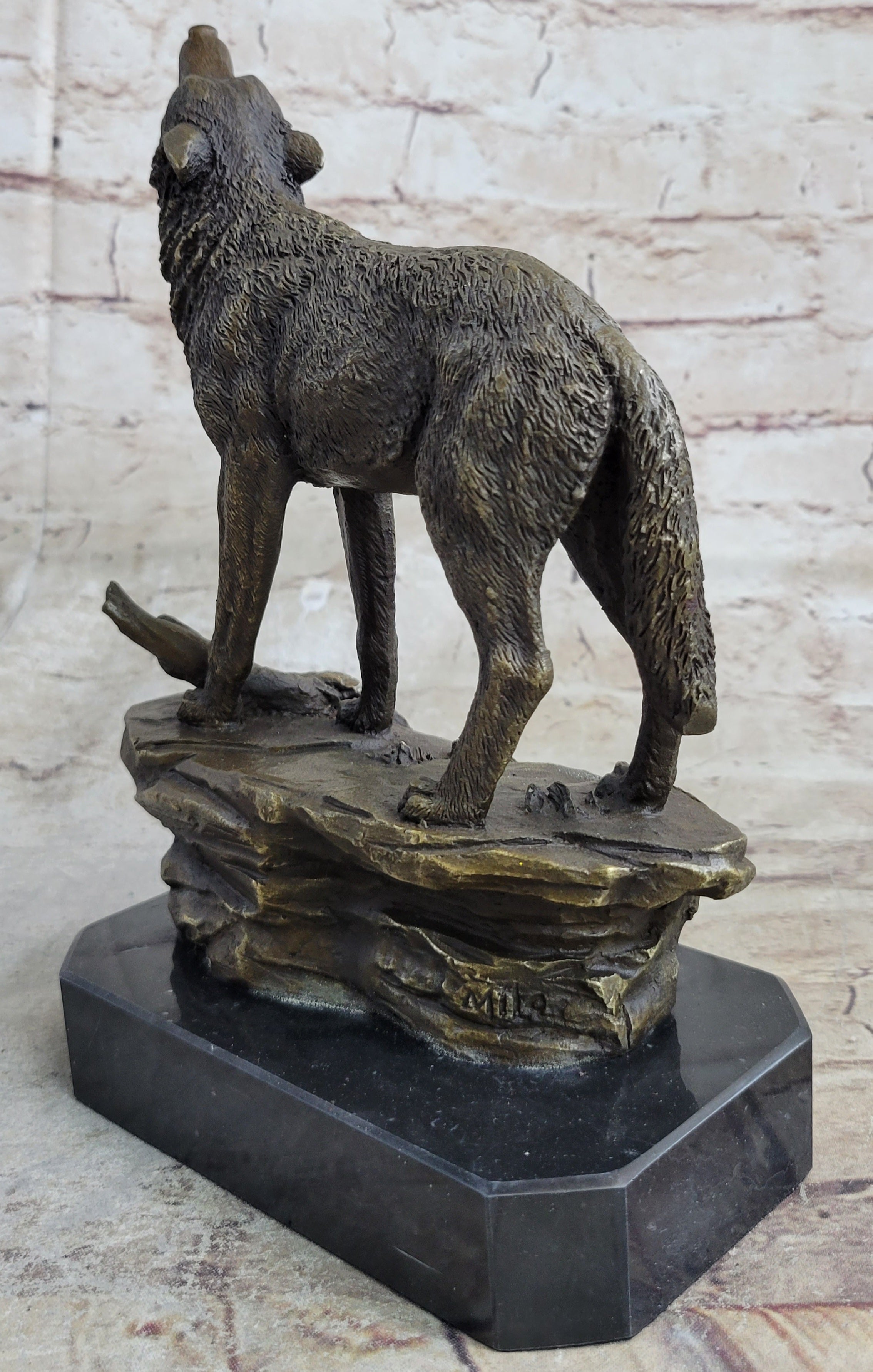 Signed Howling Wolf to the Moon Bronze Sculpture Marble Base