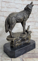 Signed Howling Wolf to the Moon Bronze Sculpture Marble Base