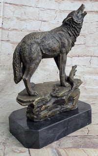Signed Howling Wolf to the Moon Bronze Sculpture Marble Base