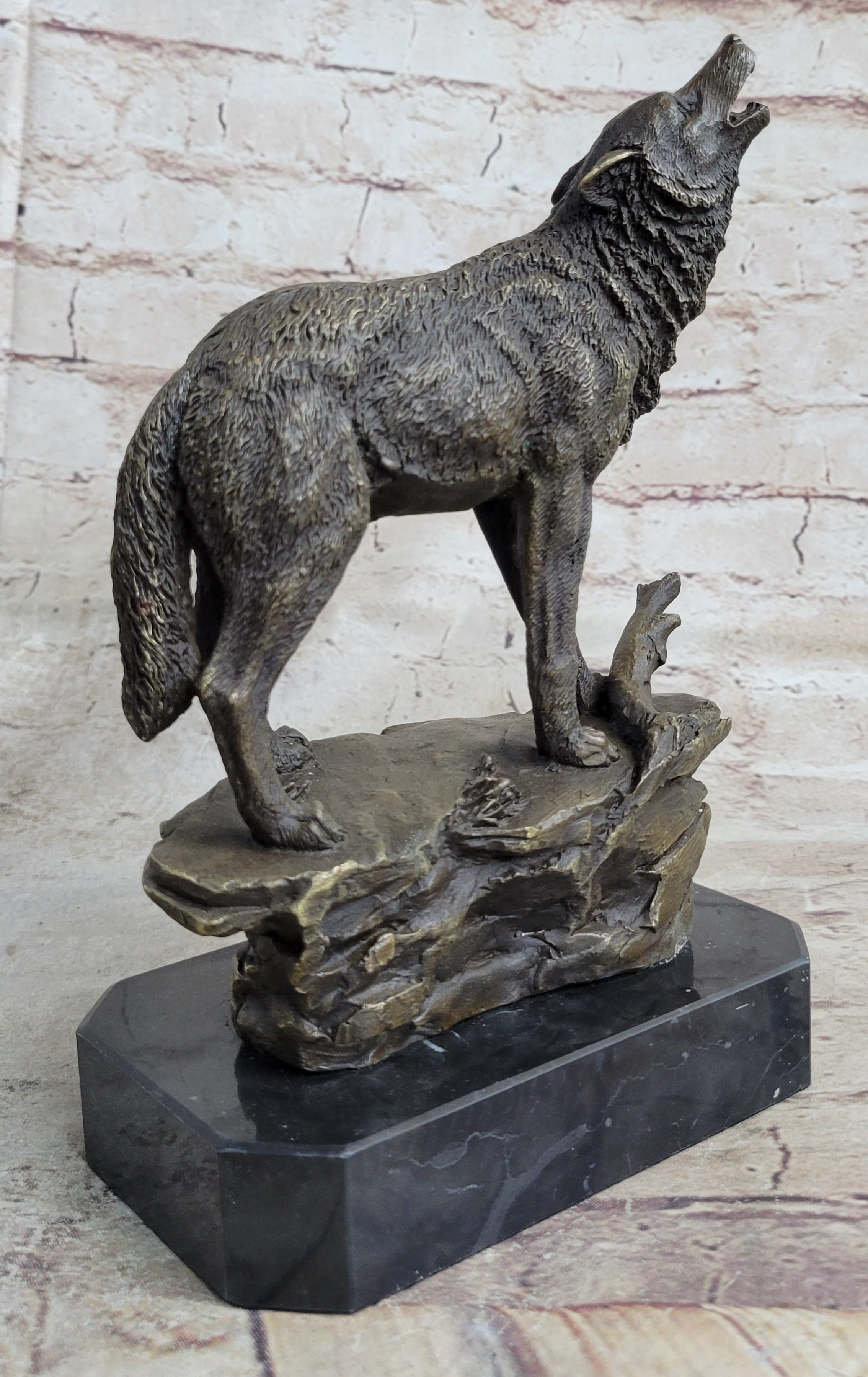 Signed Howling Wolf to the Moon Bronze Sculpture Marble Base