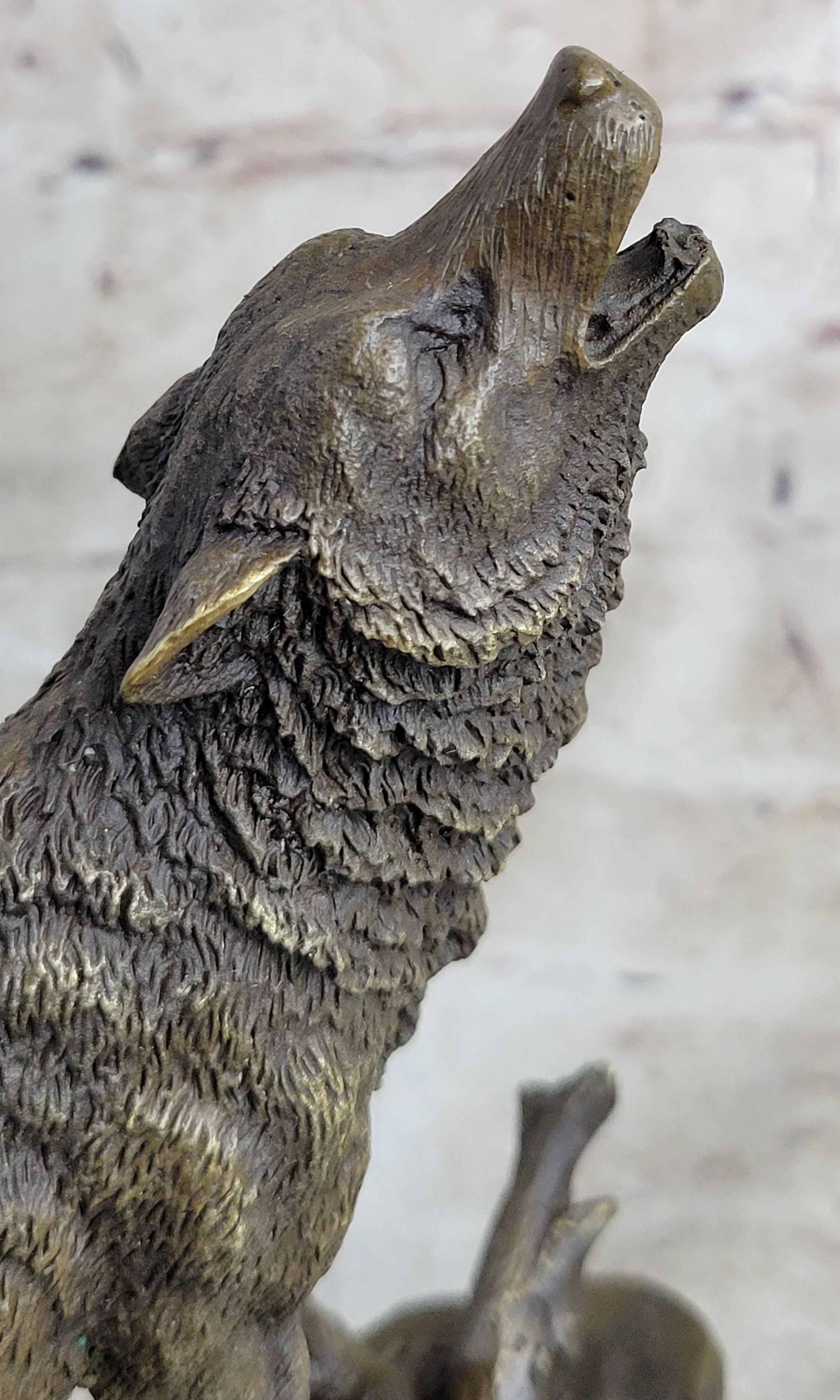 Signed Howling Wolf to the Moon Bronze Sculpture Marble Base