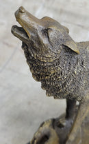 Signed Howling Wolf to the Moon Bronze Sculpture Marble Base