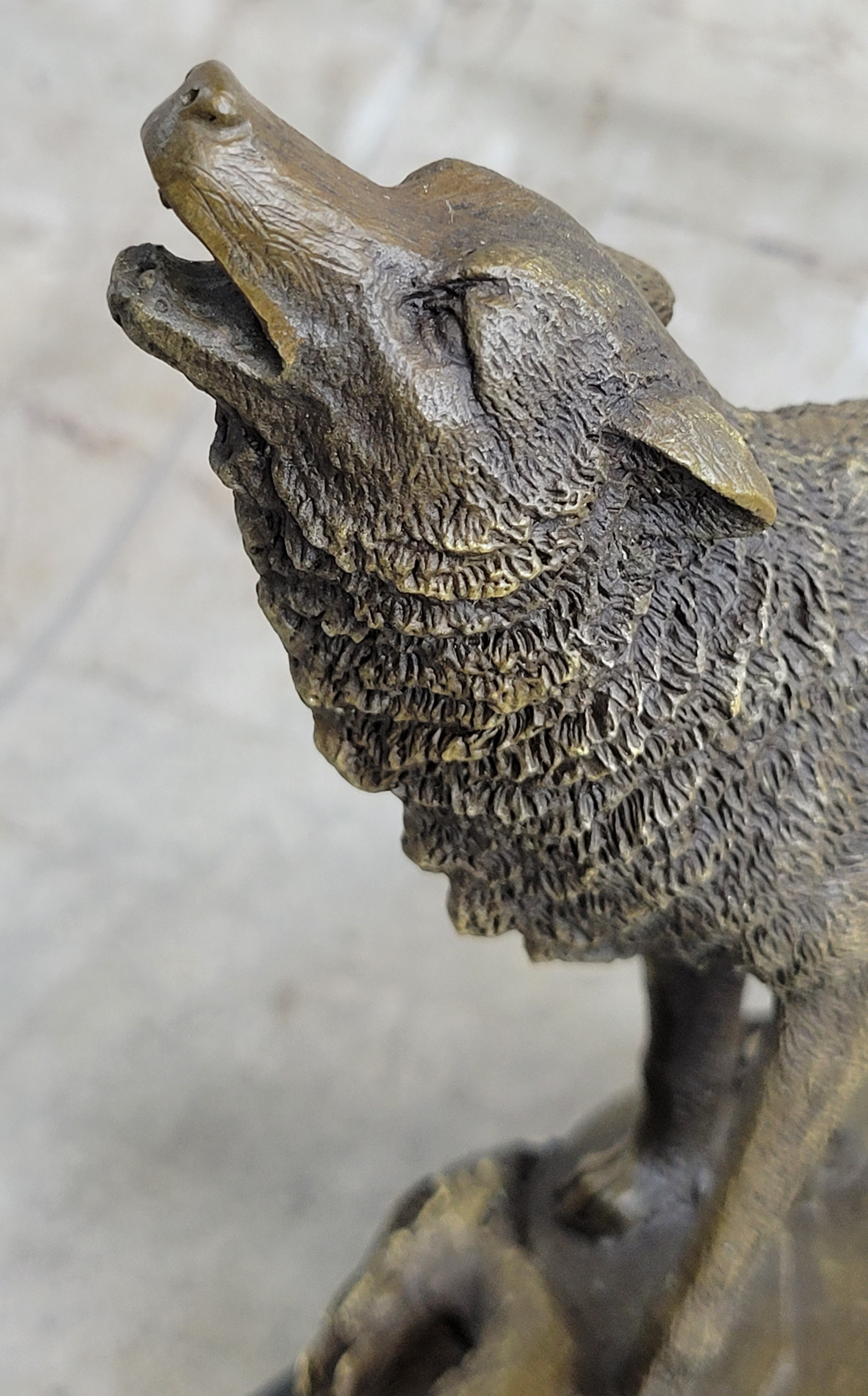 Signed Howling Wolf to the Moon Bronze Sculpture Marble Base