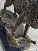 Signed Howling Wolf to the Moon Bronze Sculpture Marble Base