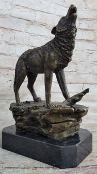 Signed Howling Wolf to the Moon Bronze Sculpture Marble Base