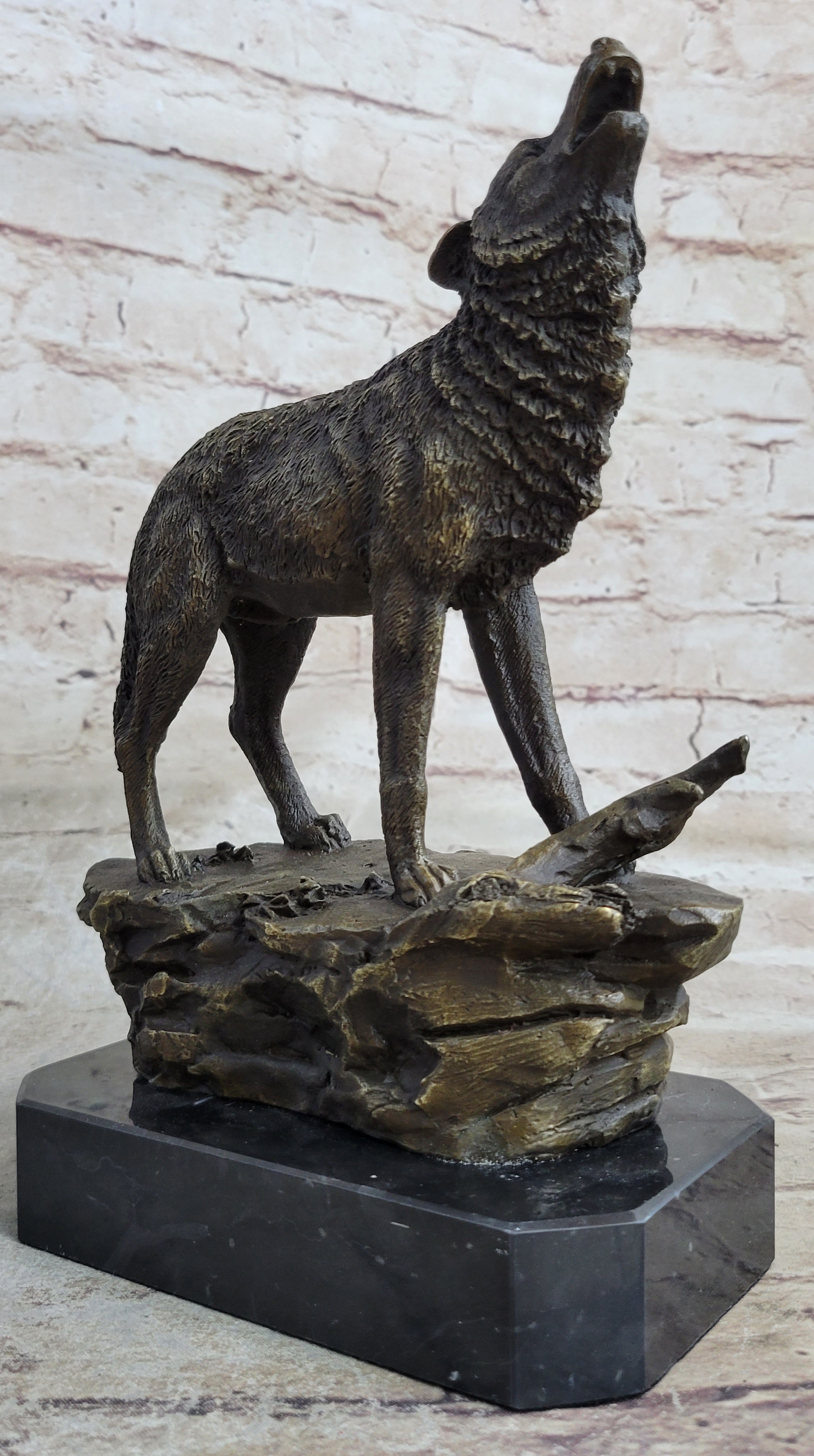 Signed Howling Wolf to the Moon Bronze Sculpture Marble Base