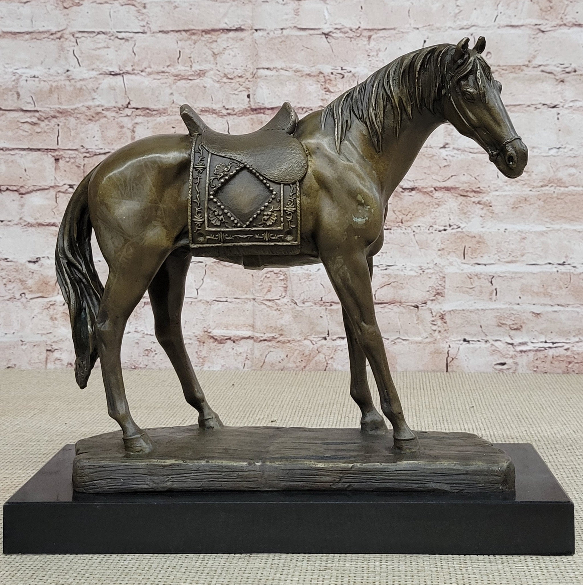 Large Loving Horse with Saddle Western Cowboy Bronze Sculpture