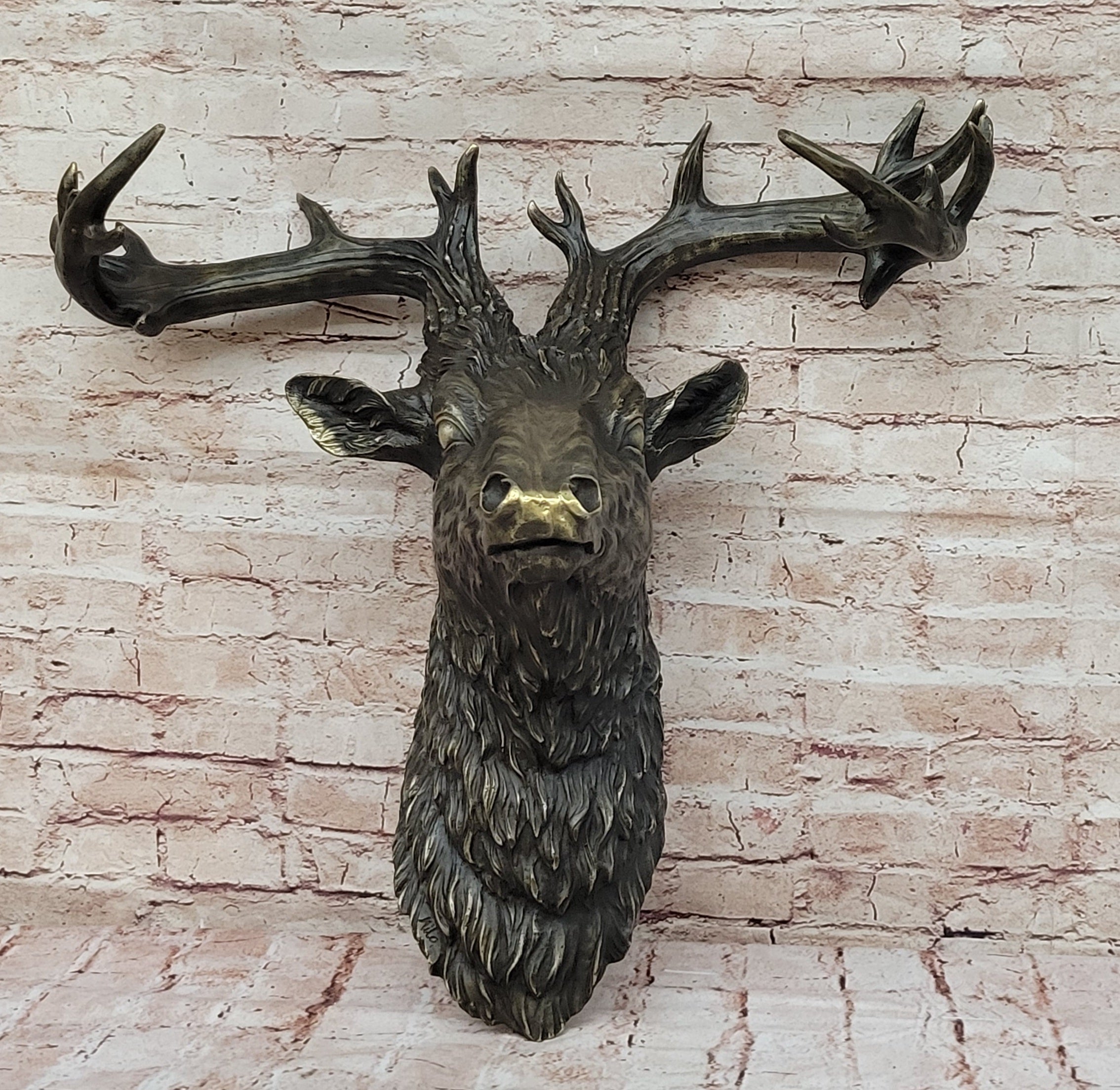Mounted Elk Deer Bust Head Stag Antlers Buck Bronze Sculpture