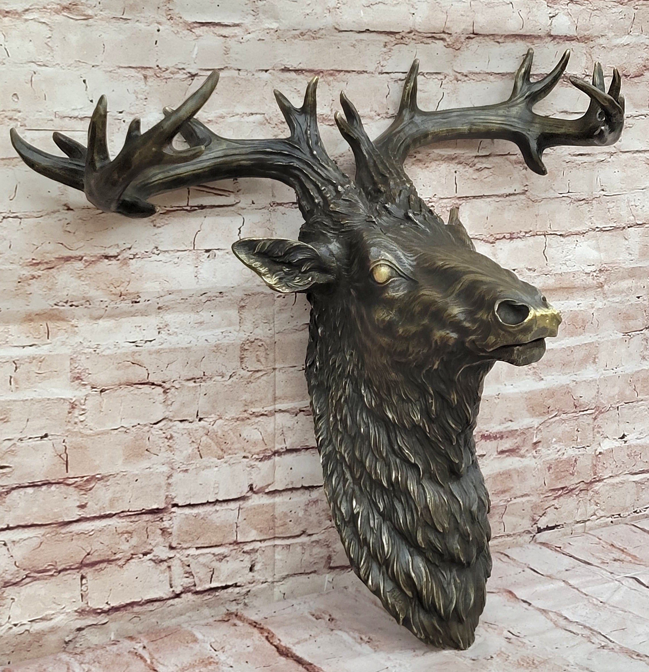Mounted Elk Deer Bust Head Stag Antlers Buck Bronze Sculpture