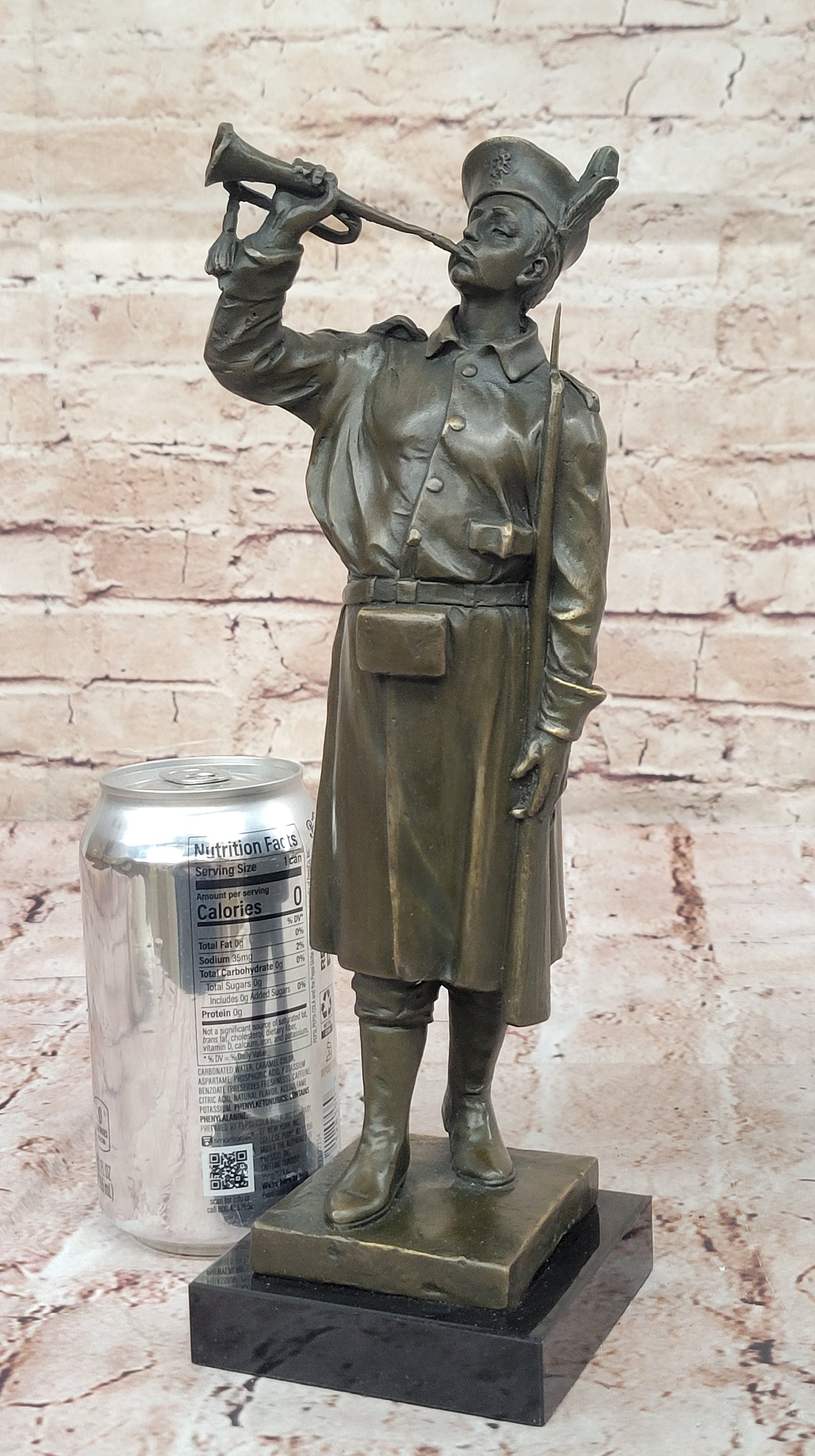 Military Soldier with Bugle Bronze on Marble Base - Army Trumpeter