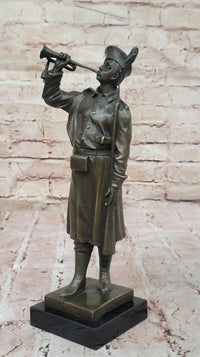 Military Soldier with Bugle Bronze on Marble Base - Army Trumpeter