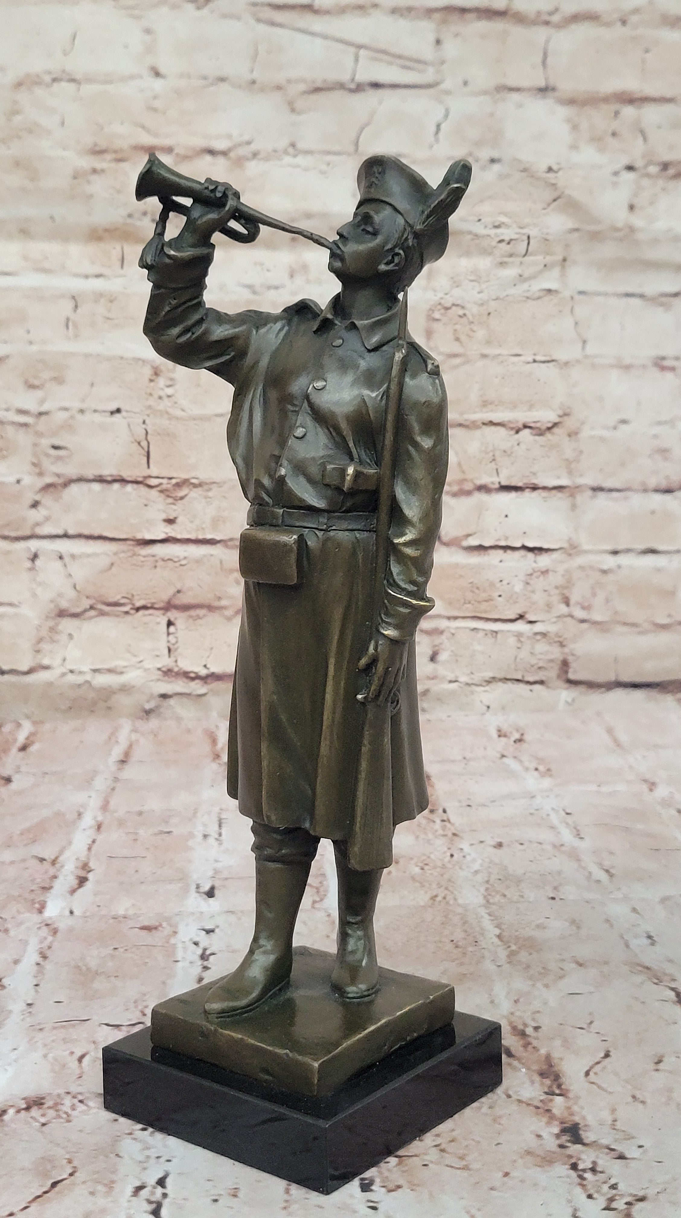 Military Soldier with Bugle Bronze on Marble Base - Army Trumpeter
