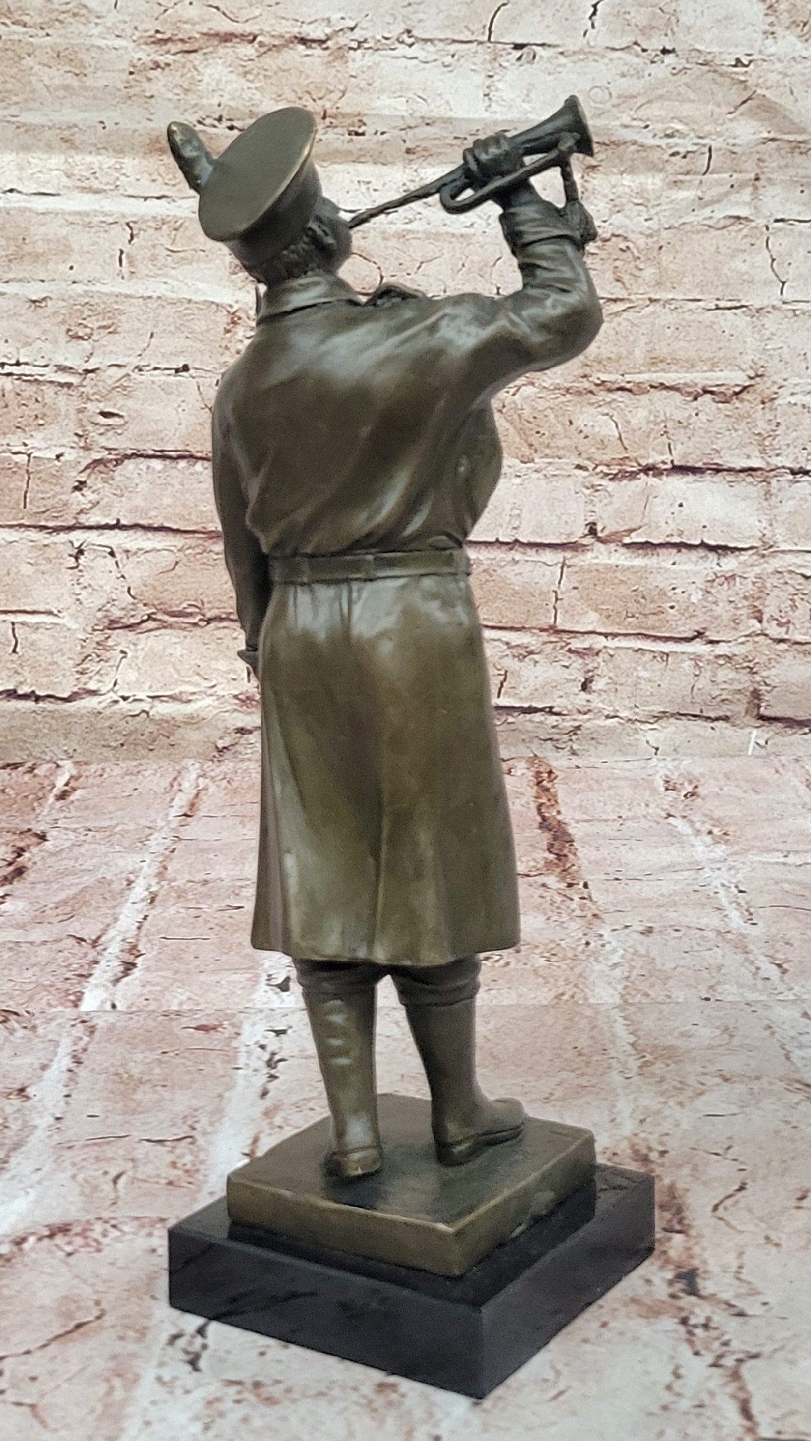 Military Soldier with Bugle Bronze on Marble Base - Army Trumpeter