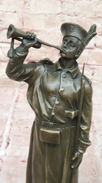 Military Soldier with Bugle Bronze on Marble Base - Army Trumpeter