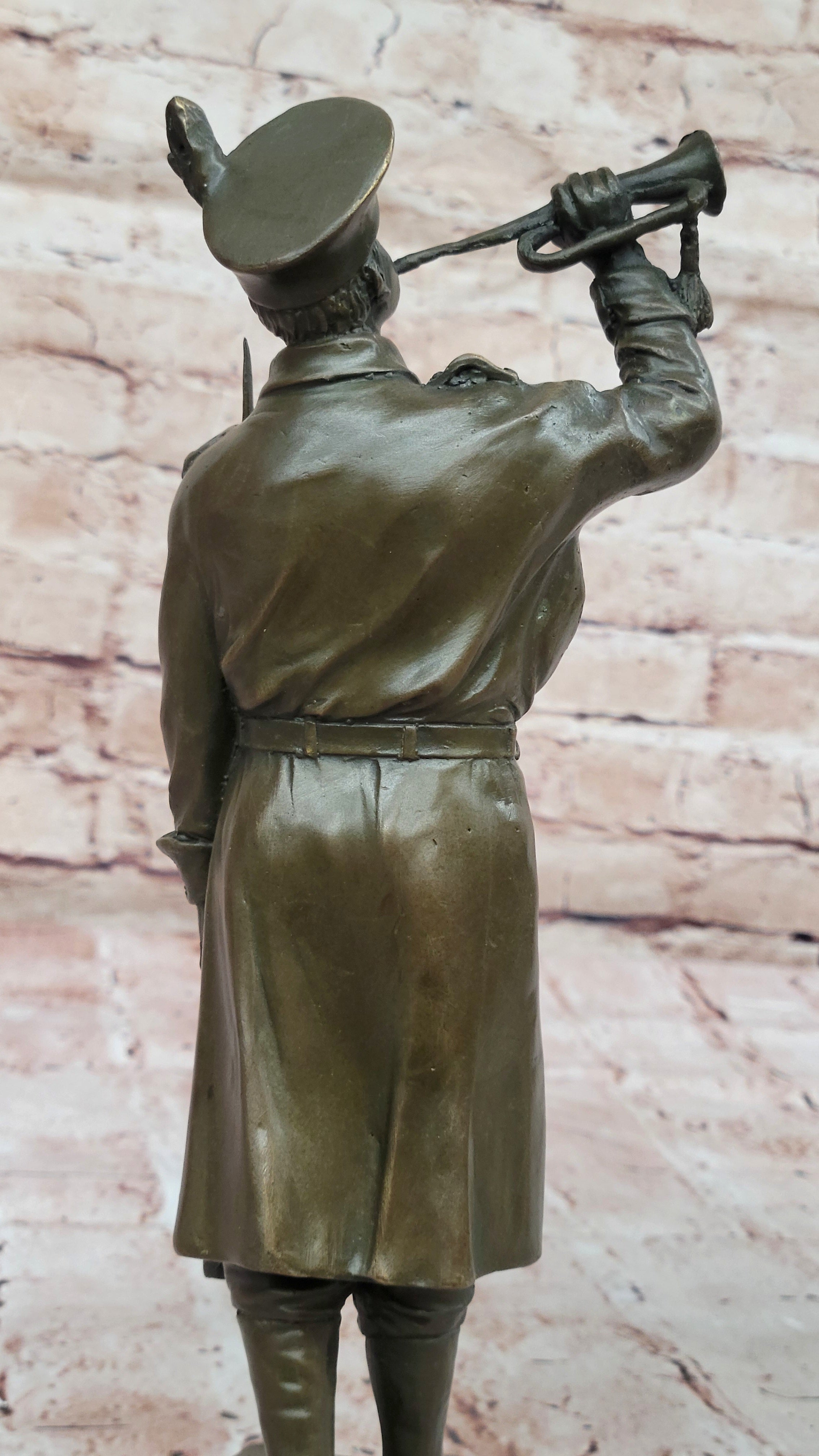 Military Soldier with Bugle Bronze on Marble Base - Army Trumpeter