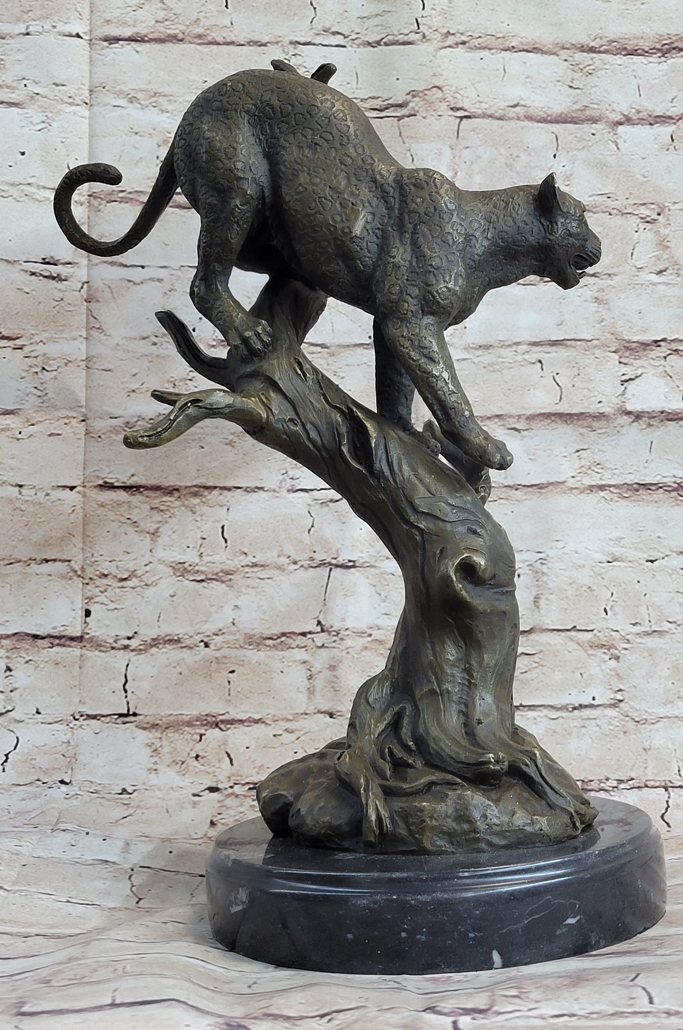 Puma Cougar Mountain Lion on Tree Branch Bronze Sculpture