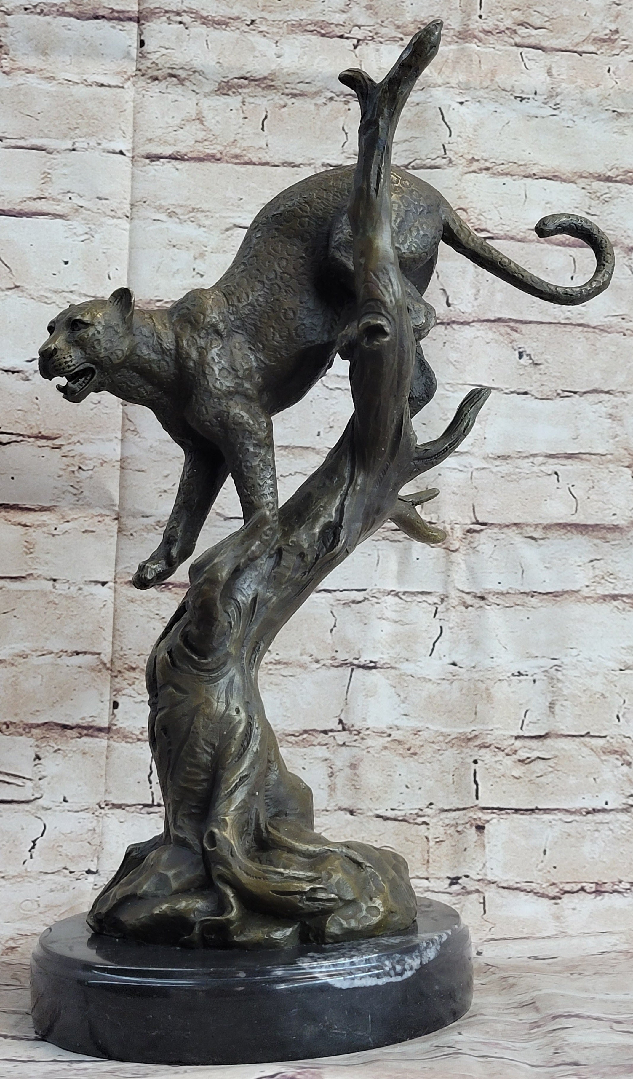 Puma Cougar Mountain Lion on Tree Branch Bronze Sculpture