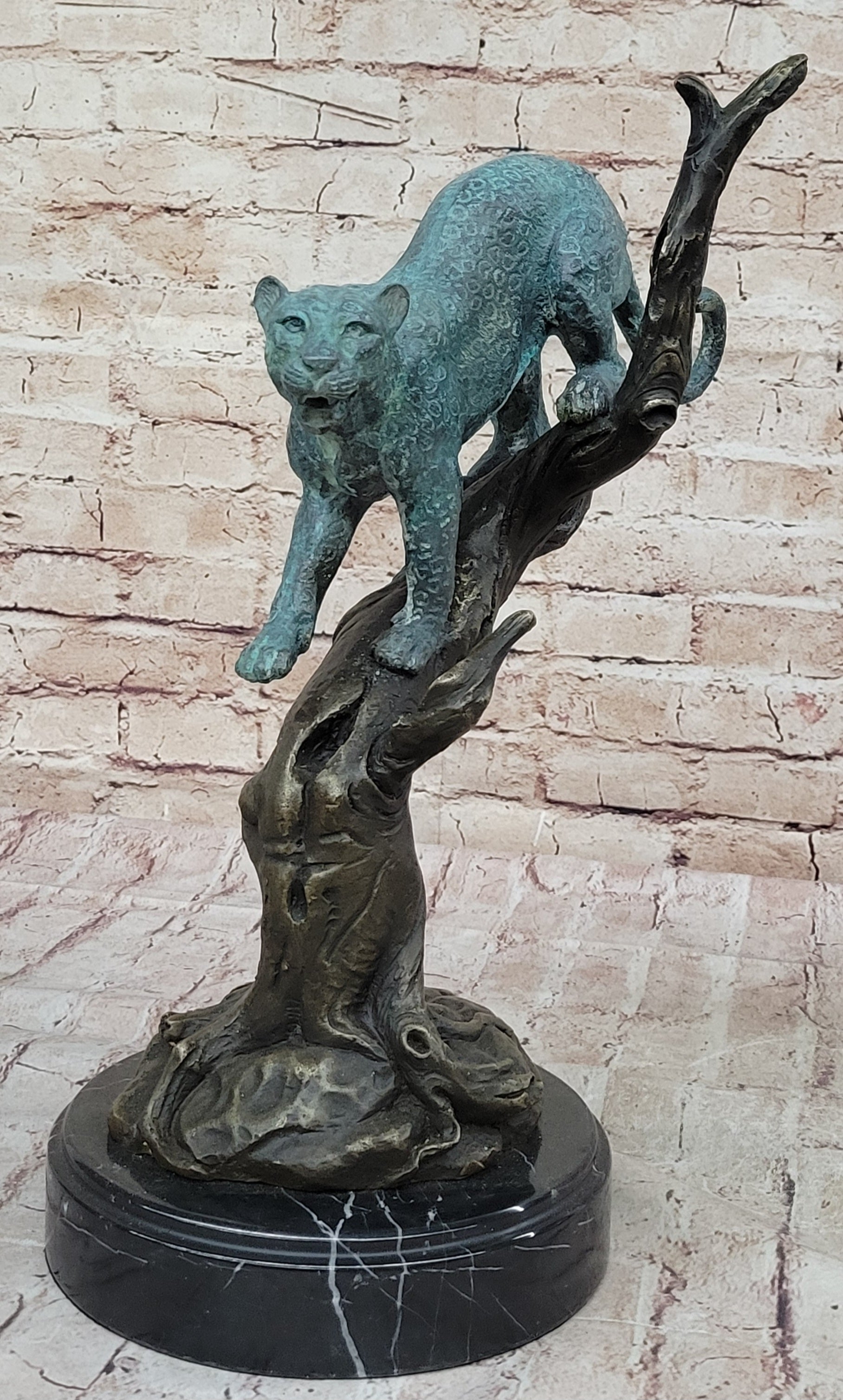 Leopard Jaguar in a Tree - Bronze Metal Sculpture Green Patina