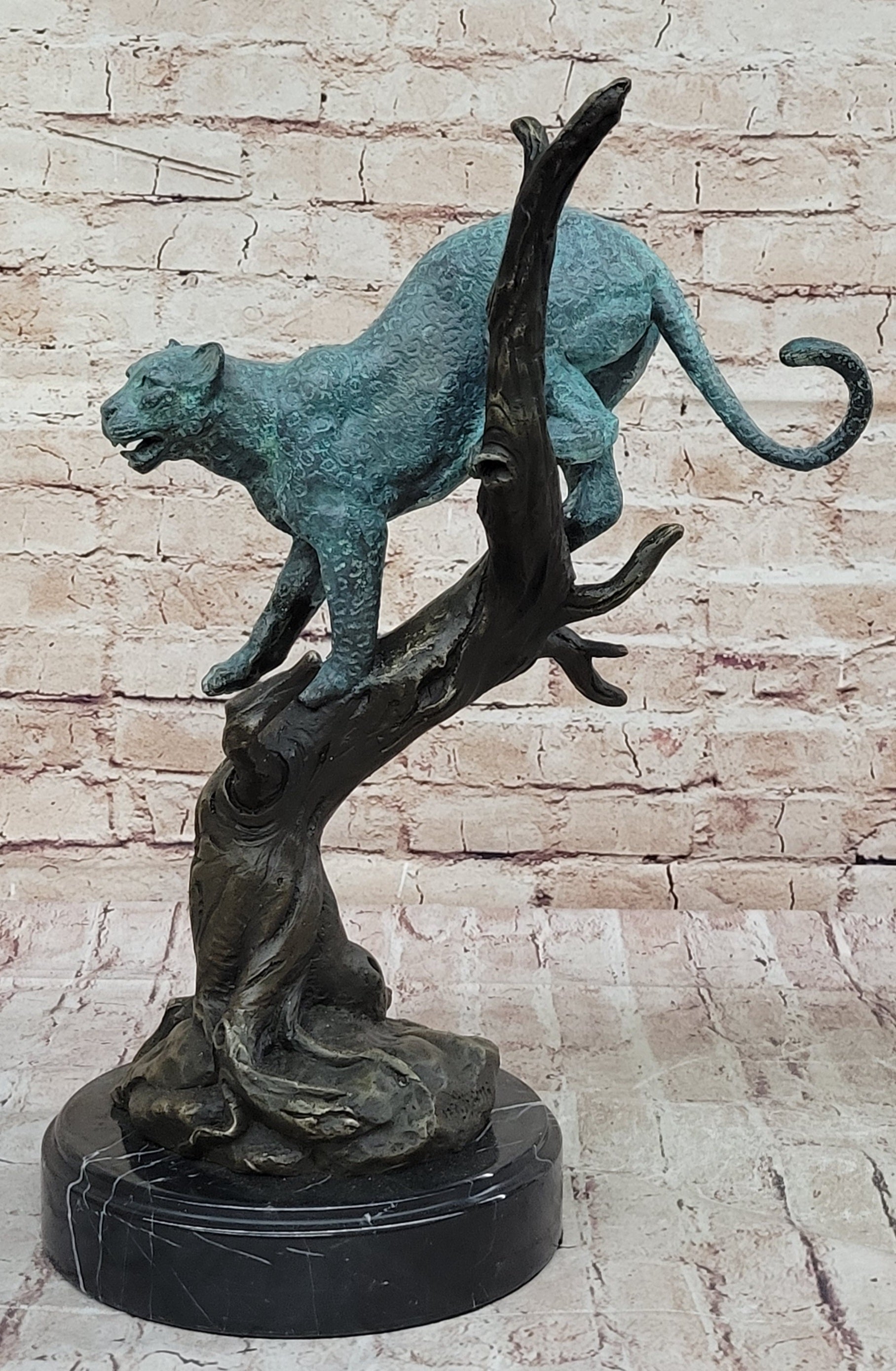 Leopard Jaguar in a Tree - Bronze Metal Sculpture Green Patina