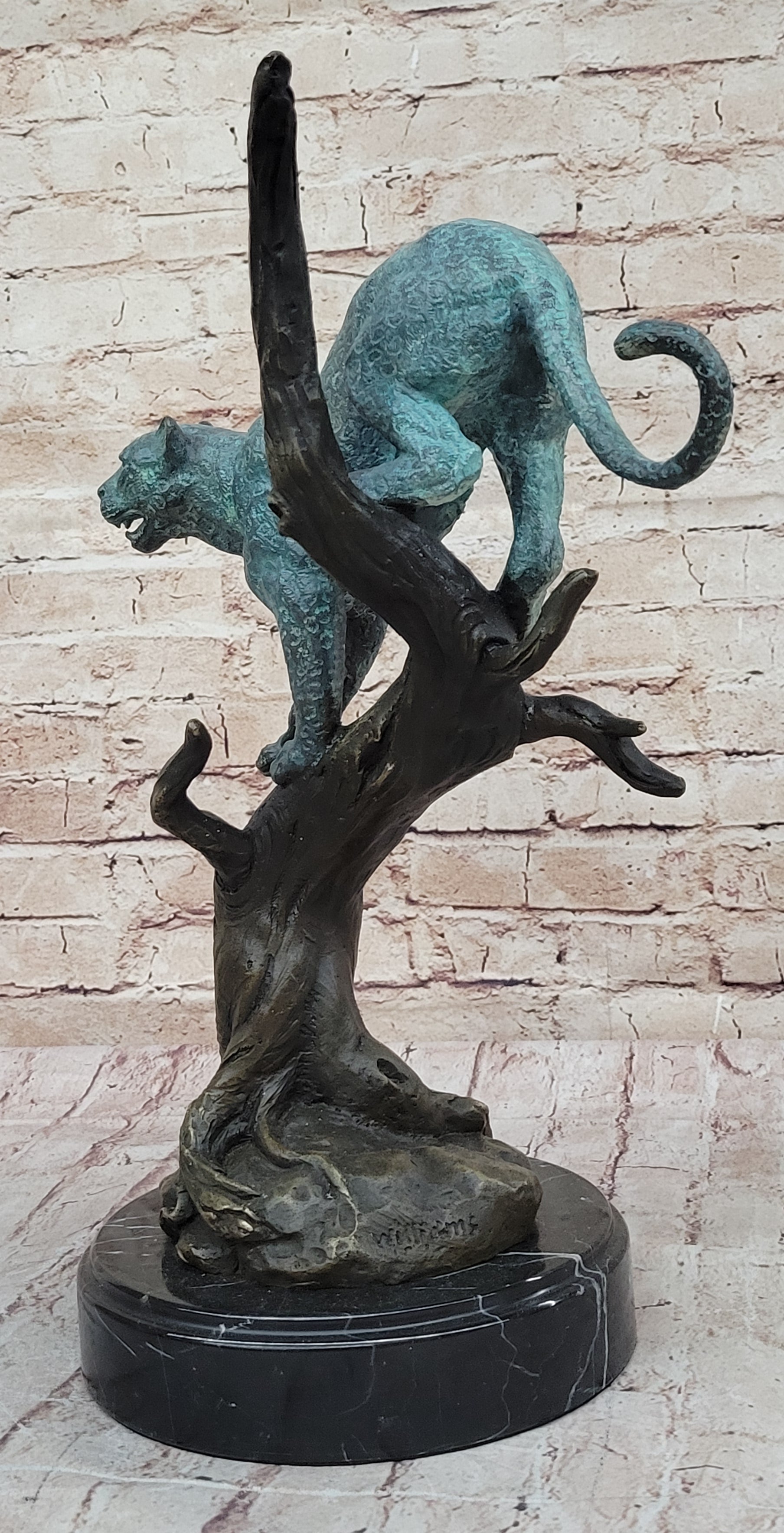 Leopard Jaguar in a Tree - Bronze Metal Sculpture Green Patina