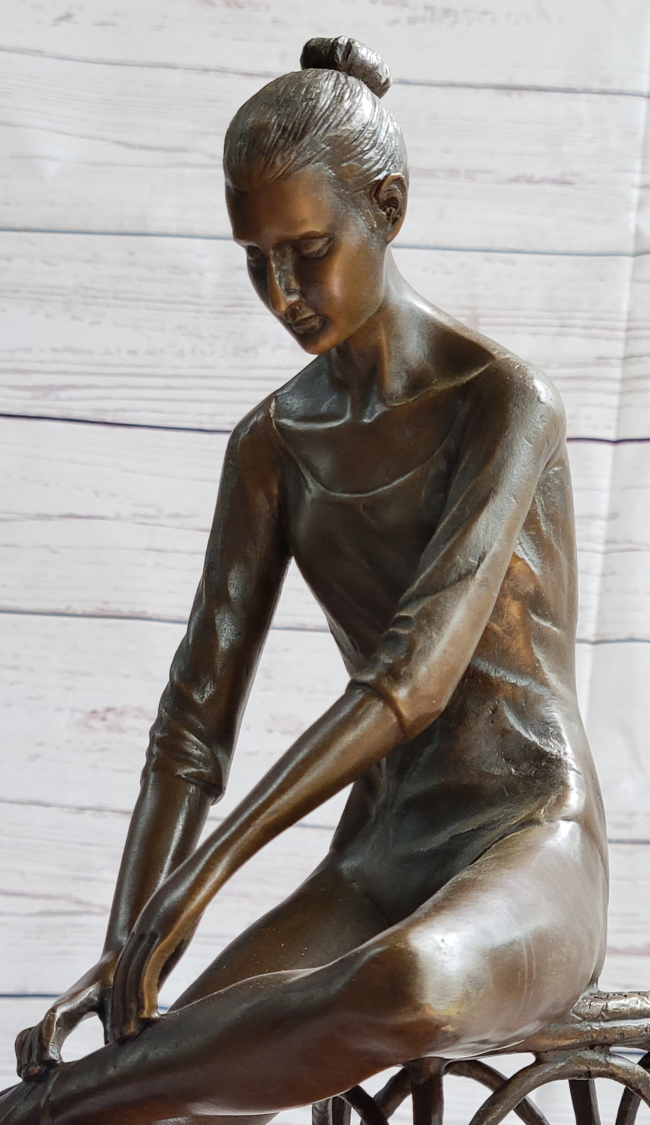 Seated Ballerina Dancer Bronze Sculpture on Marble Base 14.5" x 8"