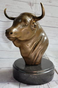Bull Head Bronze Metal Bust on Marble Base Signed 9" x 5.5"