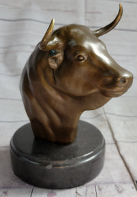 Bull Head Bronze Metal Bust on Marble Base Signed 9" x 5.5"