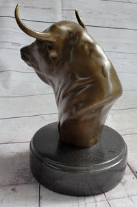 Bull Head Bronze Metal Bust on Marble Base Signed 9" x 5.5"