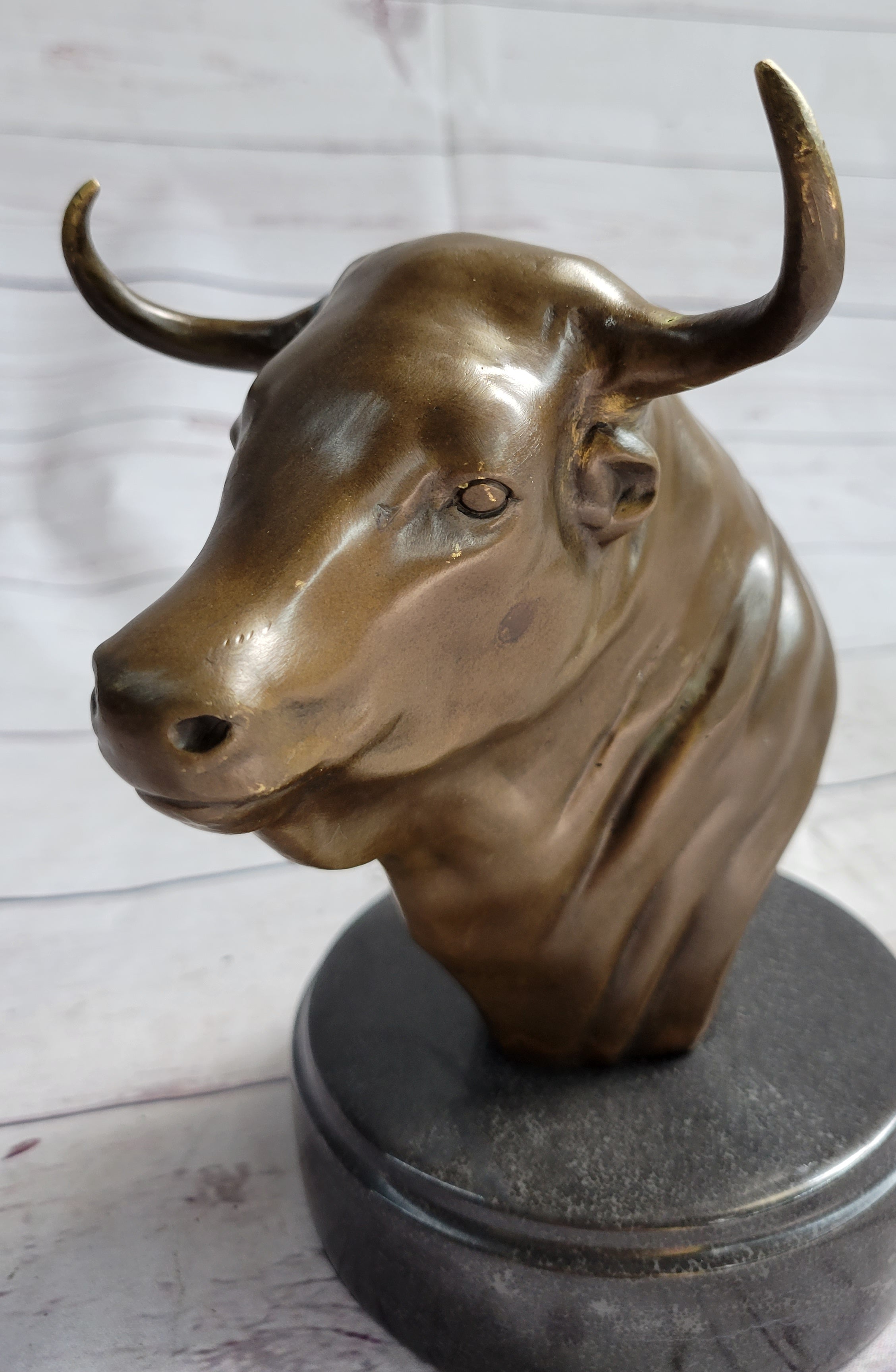 Bull Head Bronze Metal Bust on Marble Base Signed 9" x 5.5"
