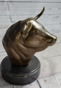 Bull Head Bronze Metal Bust on Marble Base Signed 9" x 5.5"