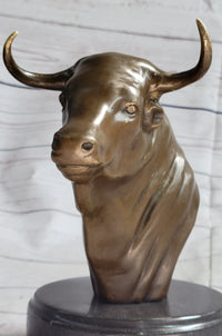 Bull Head Bronze Metal Bust on Marble Base Signed 9" x 5.5"