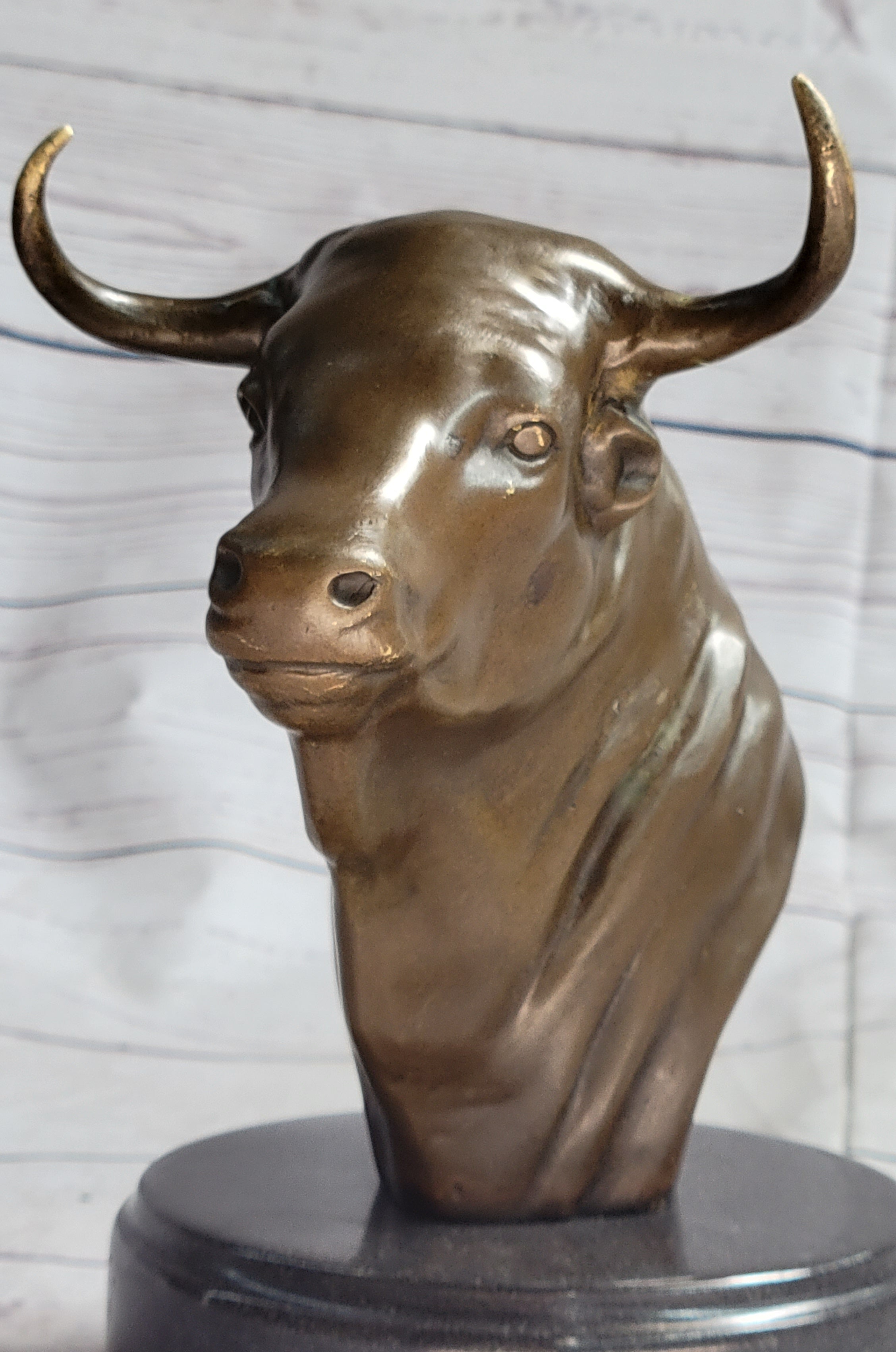 Bull Head Bronze Metal Bust on Marble Base Signed 9" x 5.5"