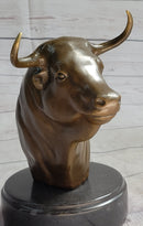 Bull Head Bronze Metal Bust on Marble Base Signed 9" x 5.5"