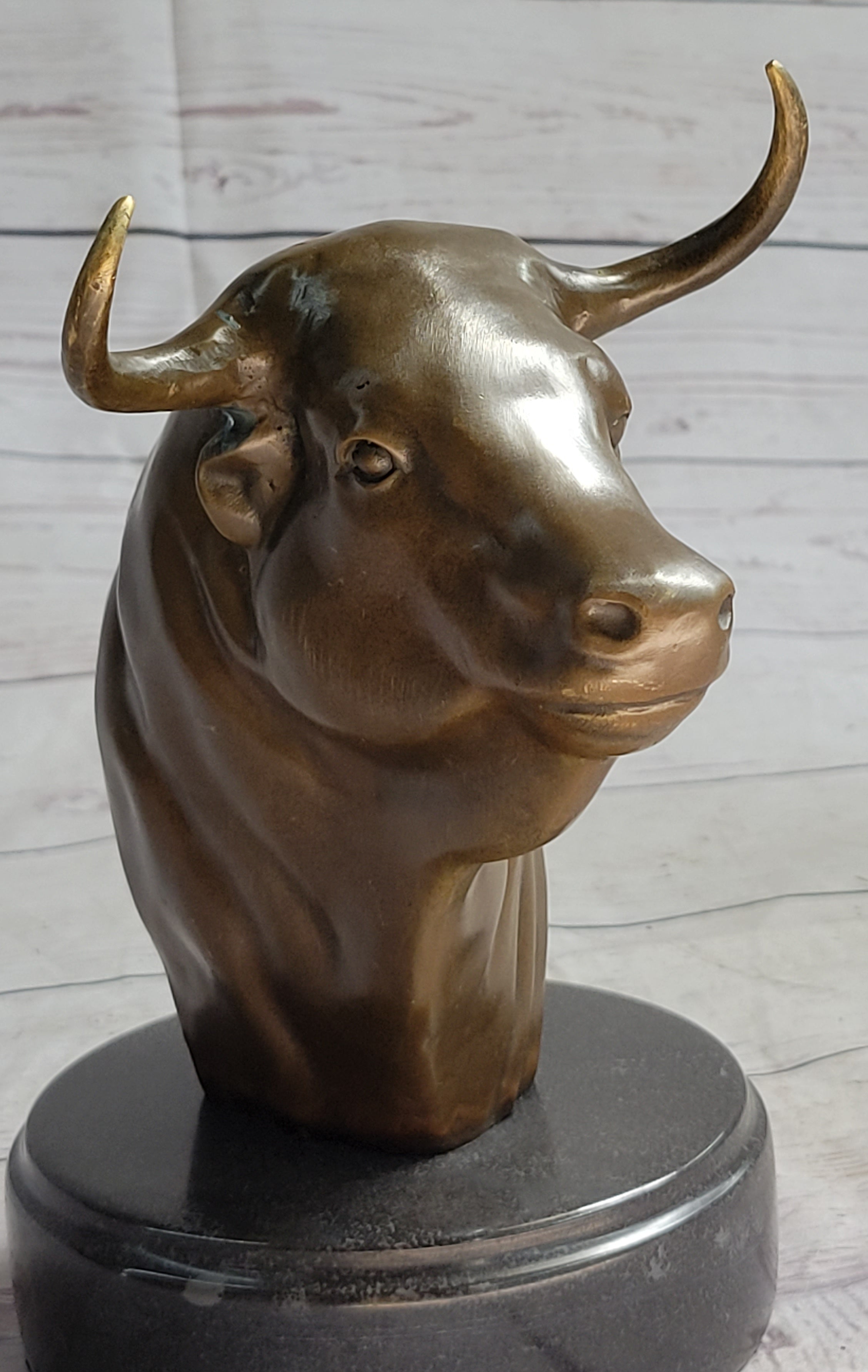 Bull Head Bronze Metal Bust on Marble Base Signed 9" x 5.5"