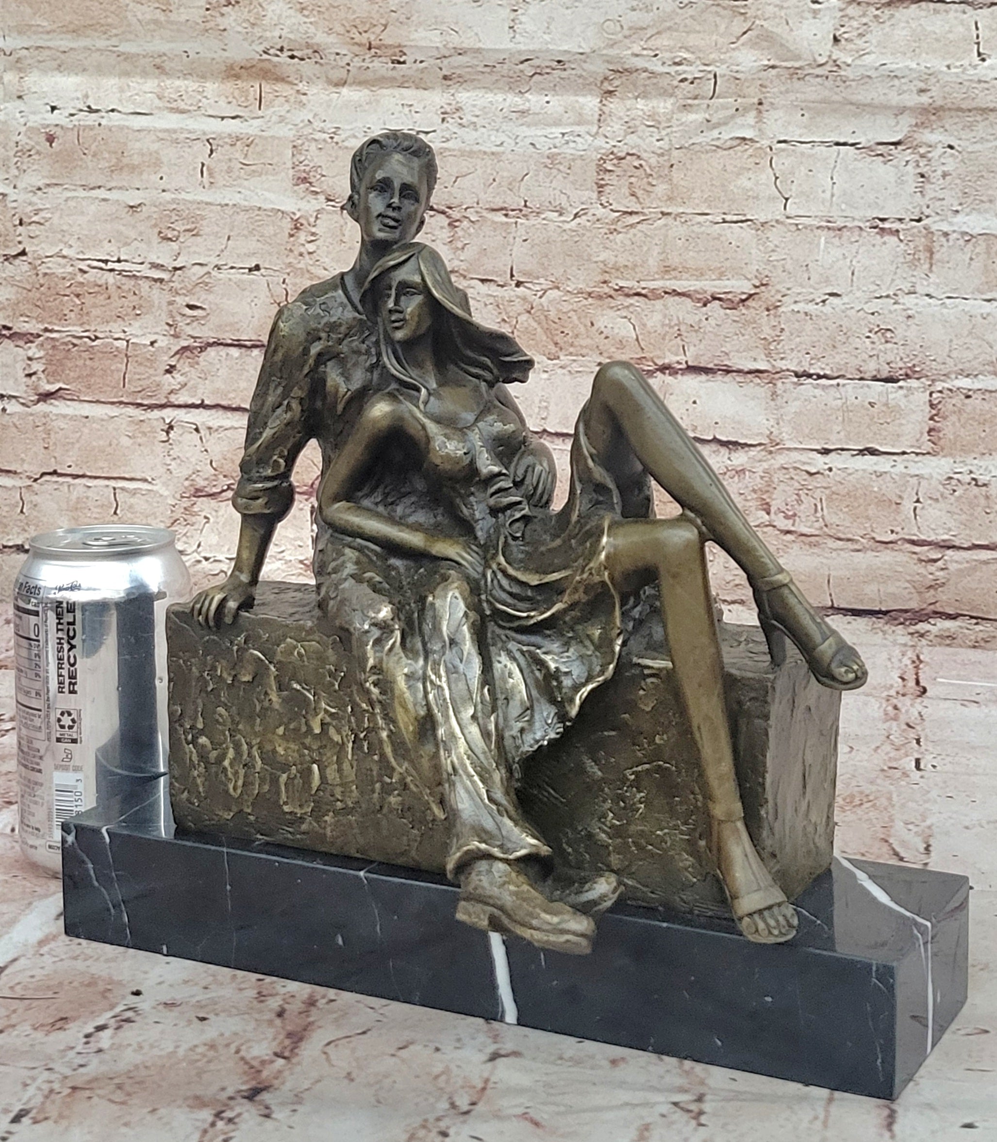 Relaxed Couple Bronze Sculpture on Marble Base