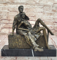 Relaxed Couple Bronze Sculpture on Marble Base