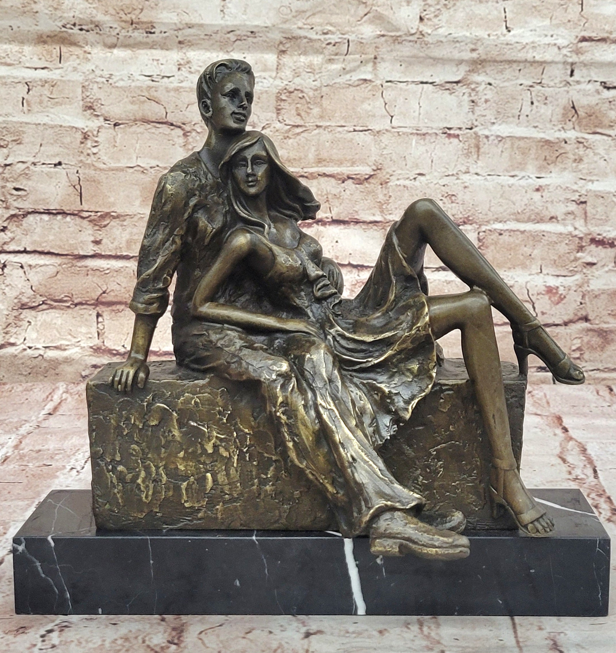 Relaxed Couple Bronze Sculpture on Marble Base