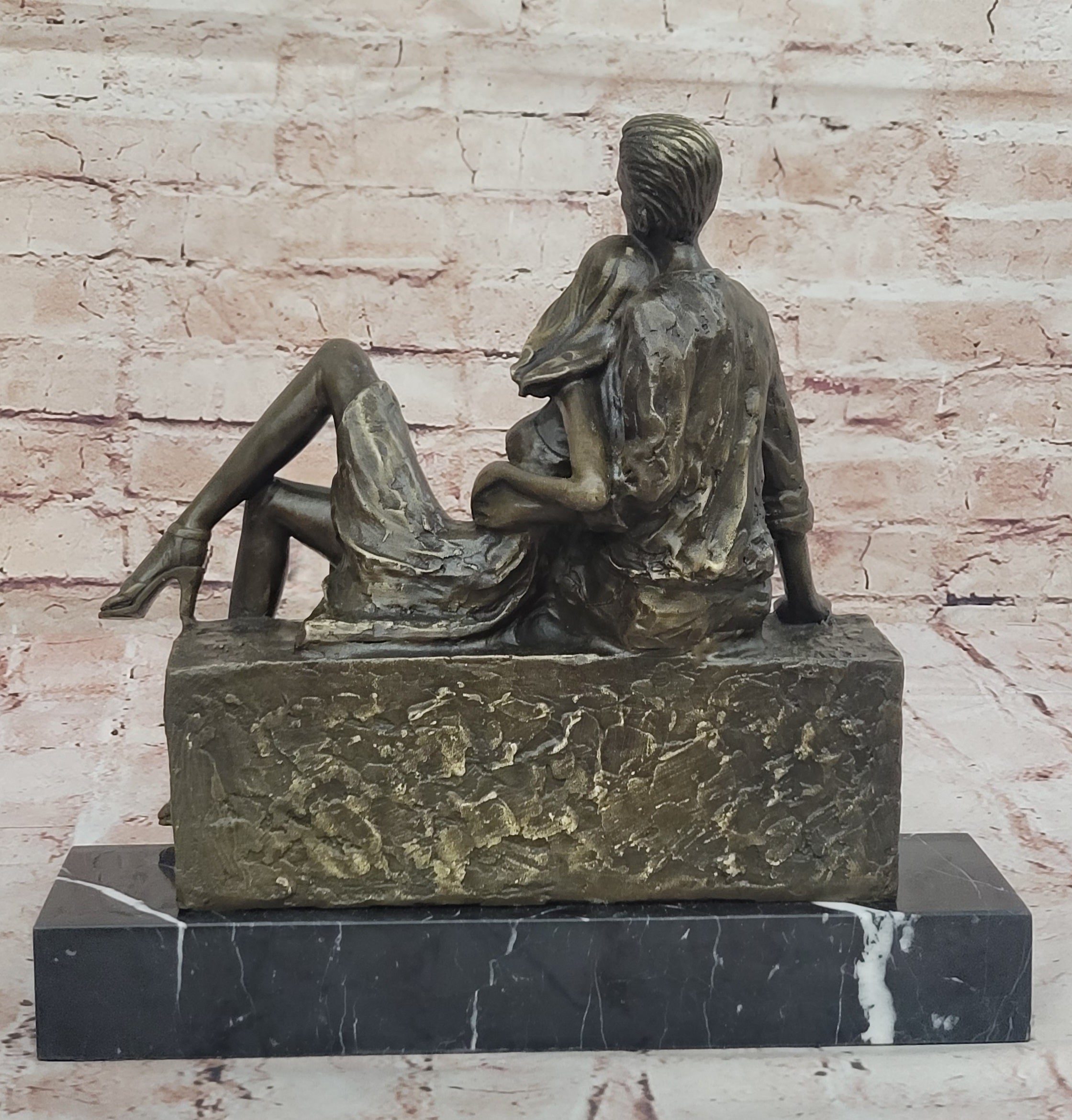 Relaxed Couple Bronze Sculpture on Marble Base