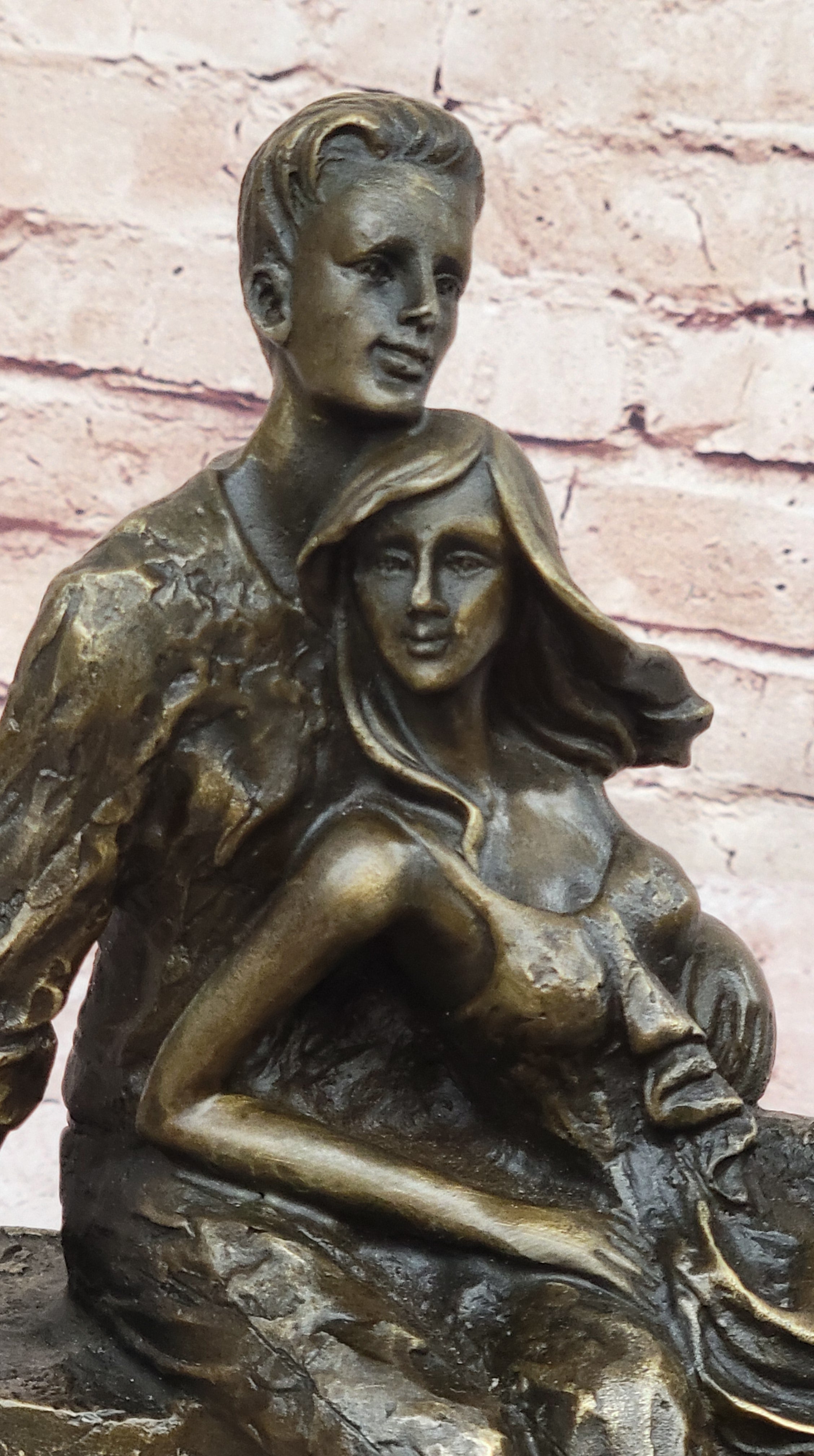 Relaxed Couple Bronze Sculpture on Marble Base