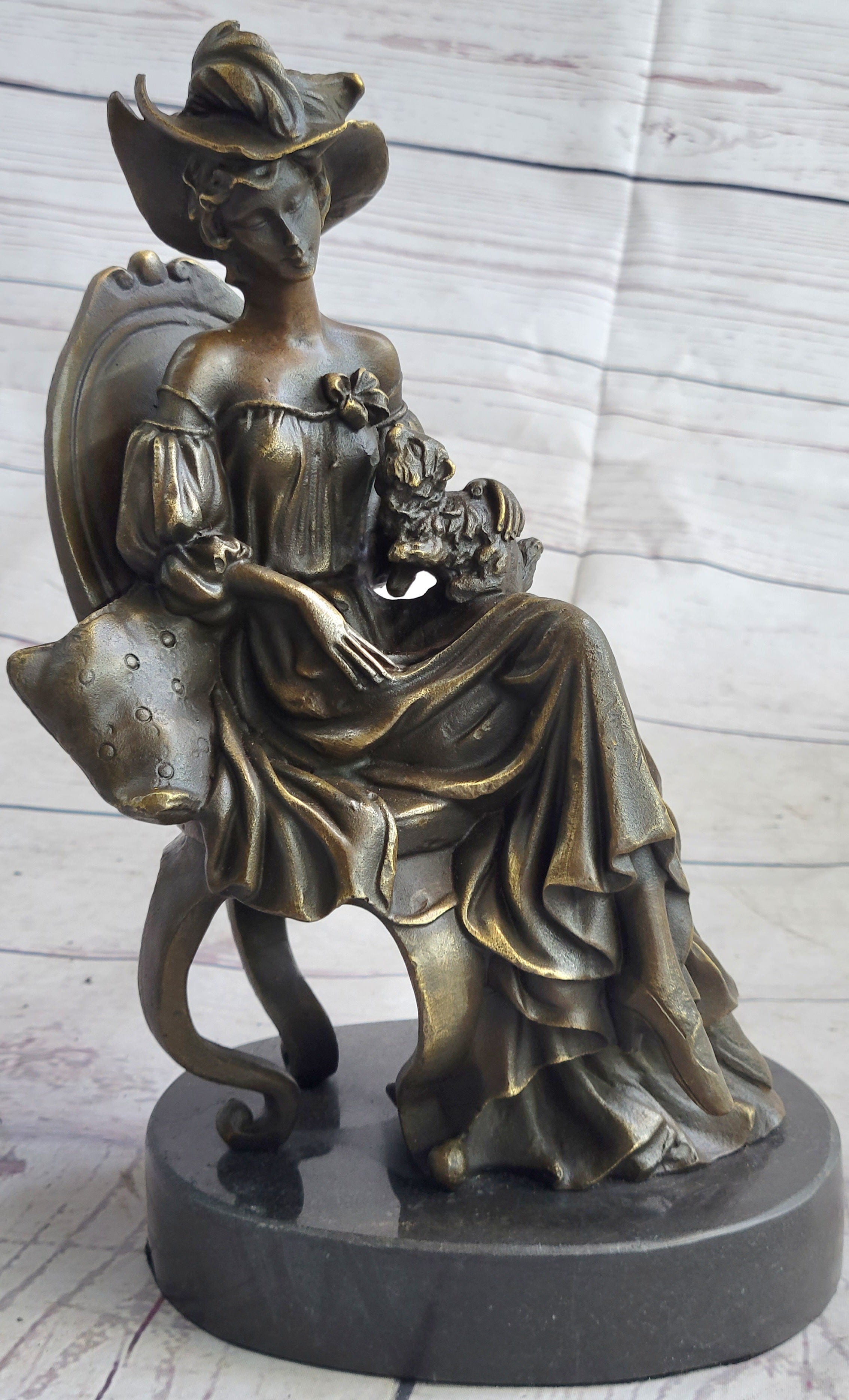 Signed Original Fisher Victorian Girl Holding Dog Bronze