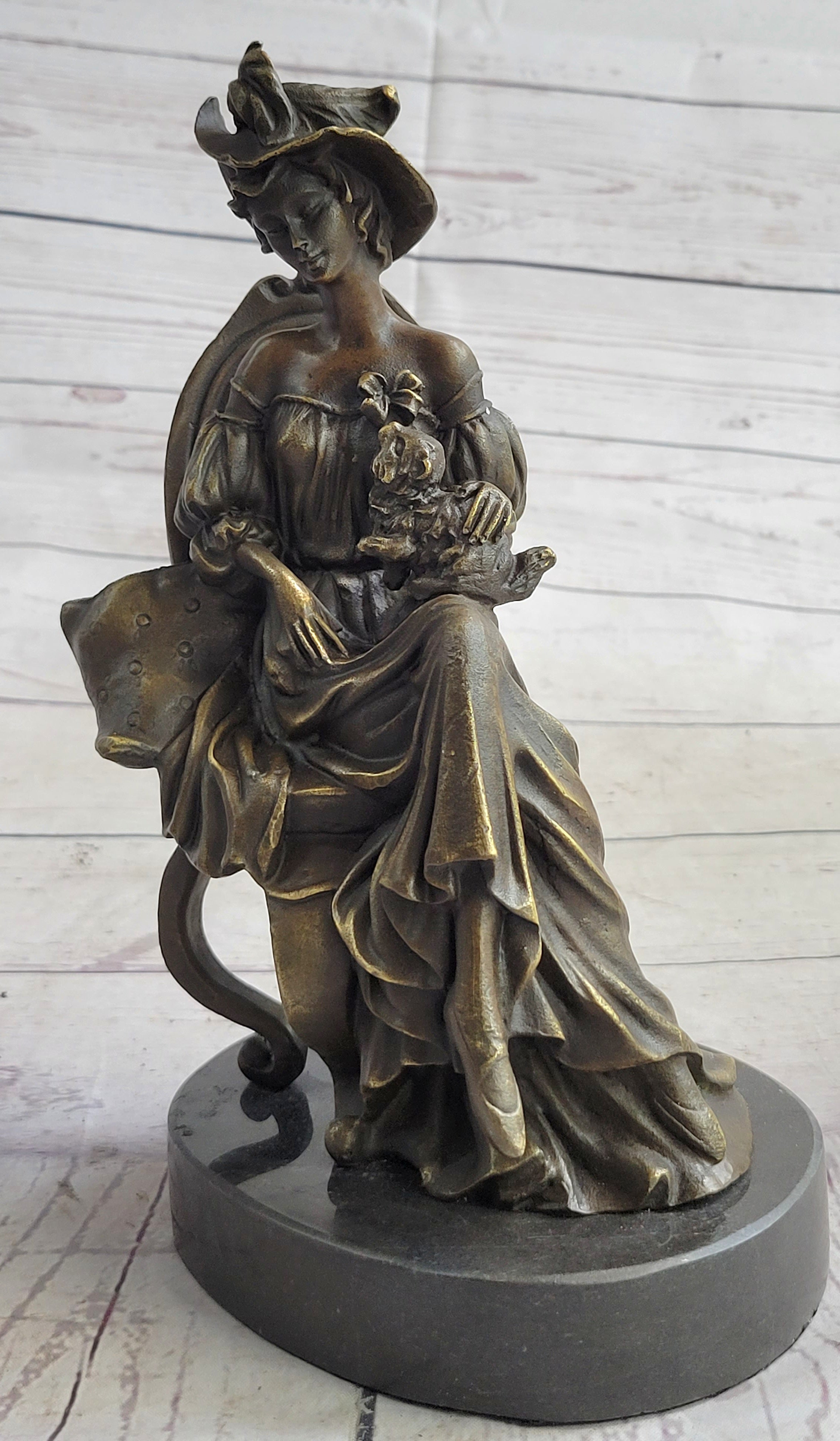 Signed Original Fisher Victorian Girl Holding Dog Bronze