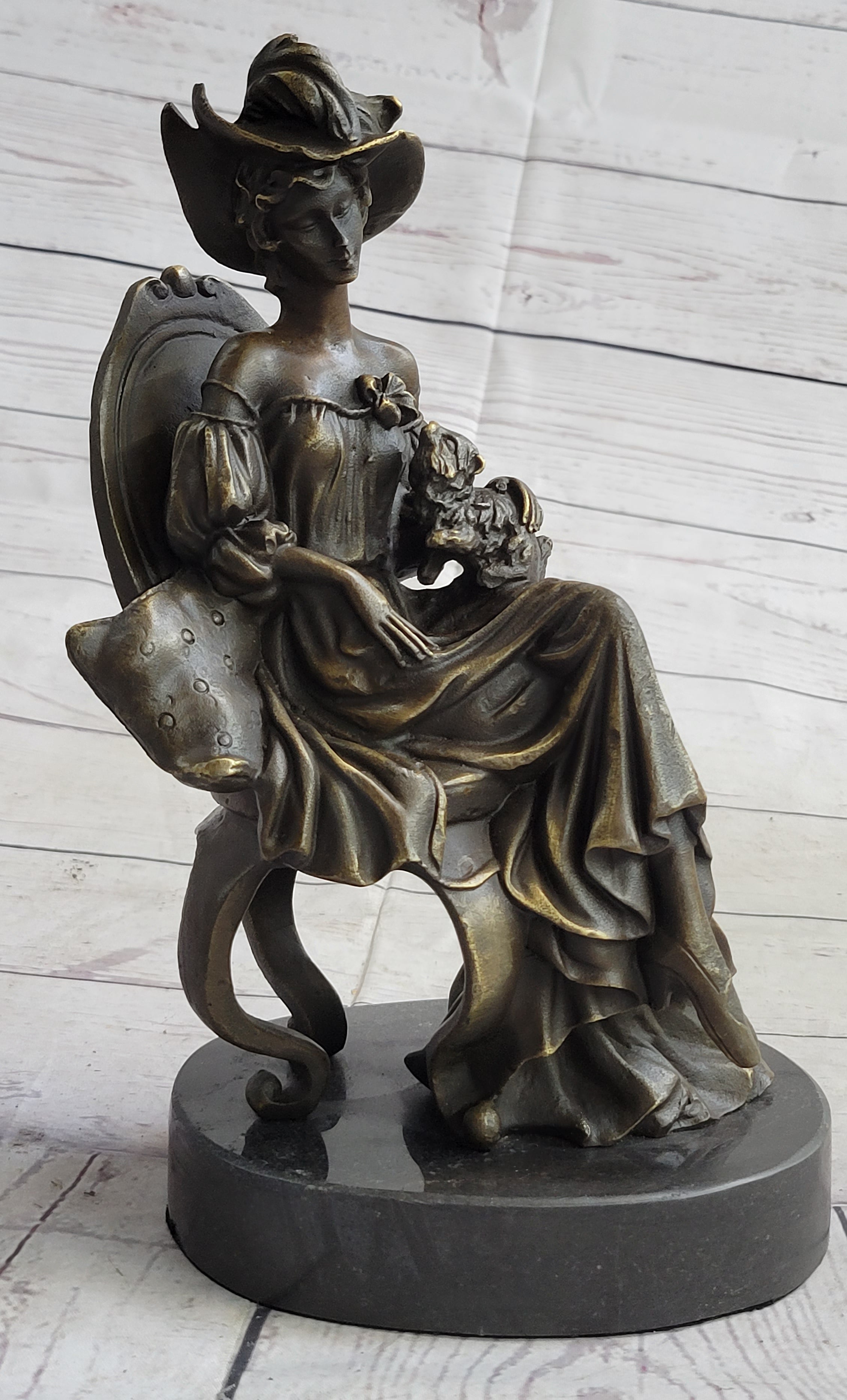 Signed Original Fisher Victorian Girl Holding Dog Bronze