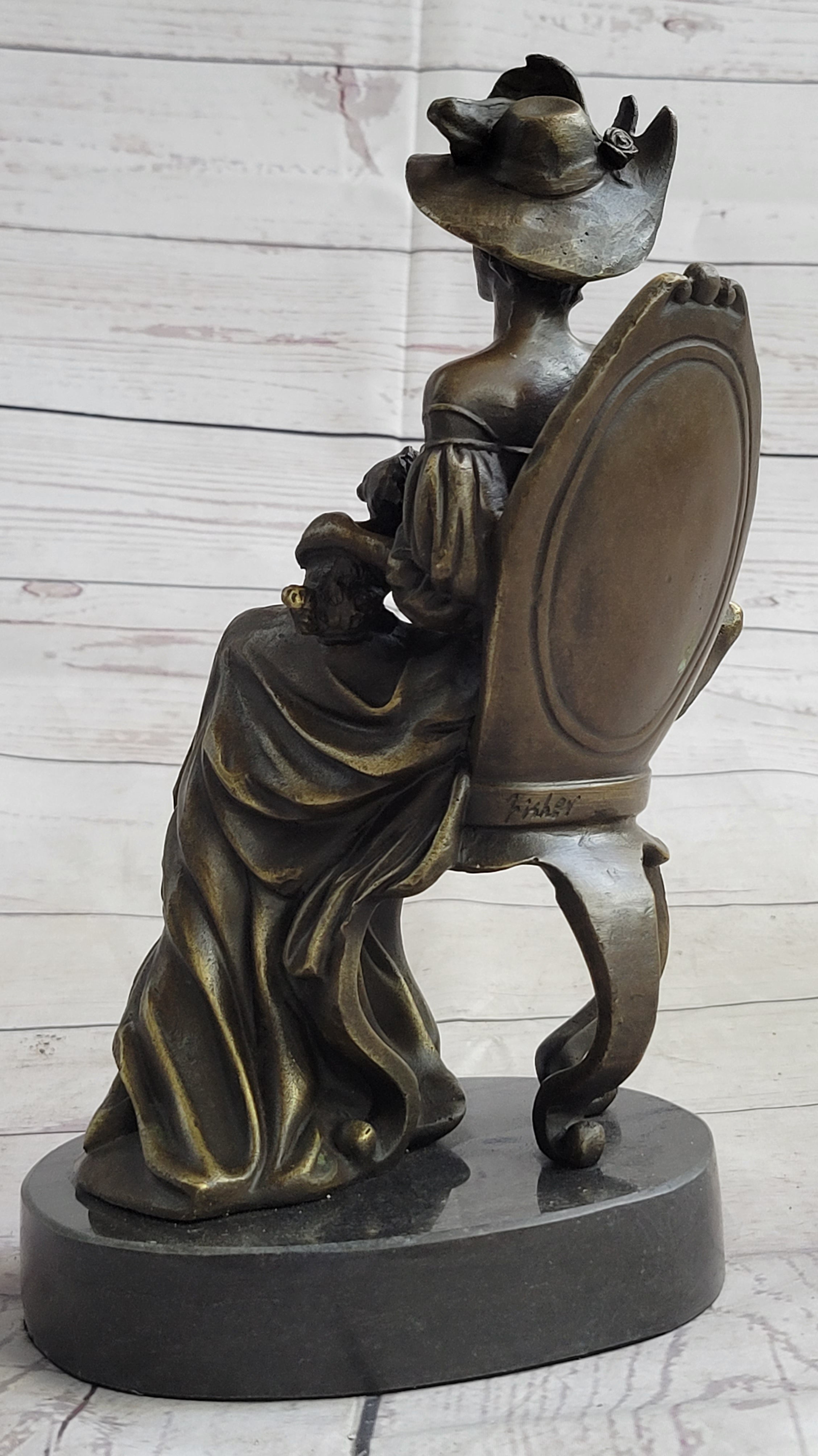 Signed Original Fisher Victorian Girl Holding Dog Bronze