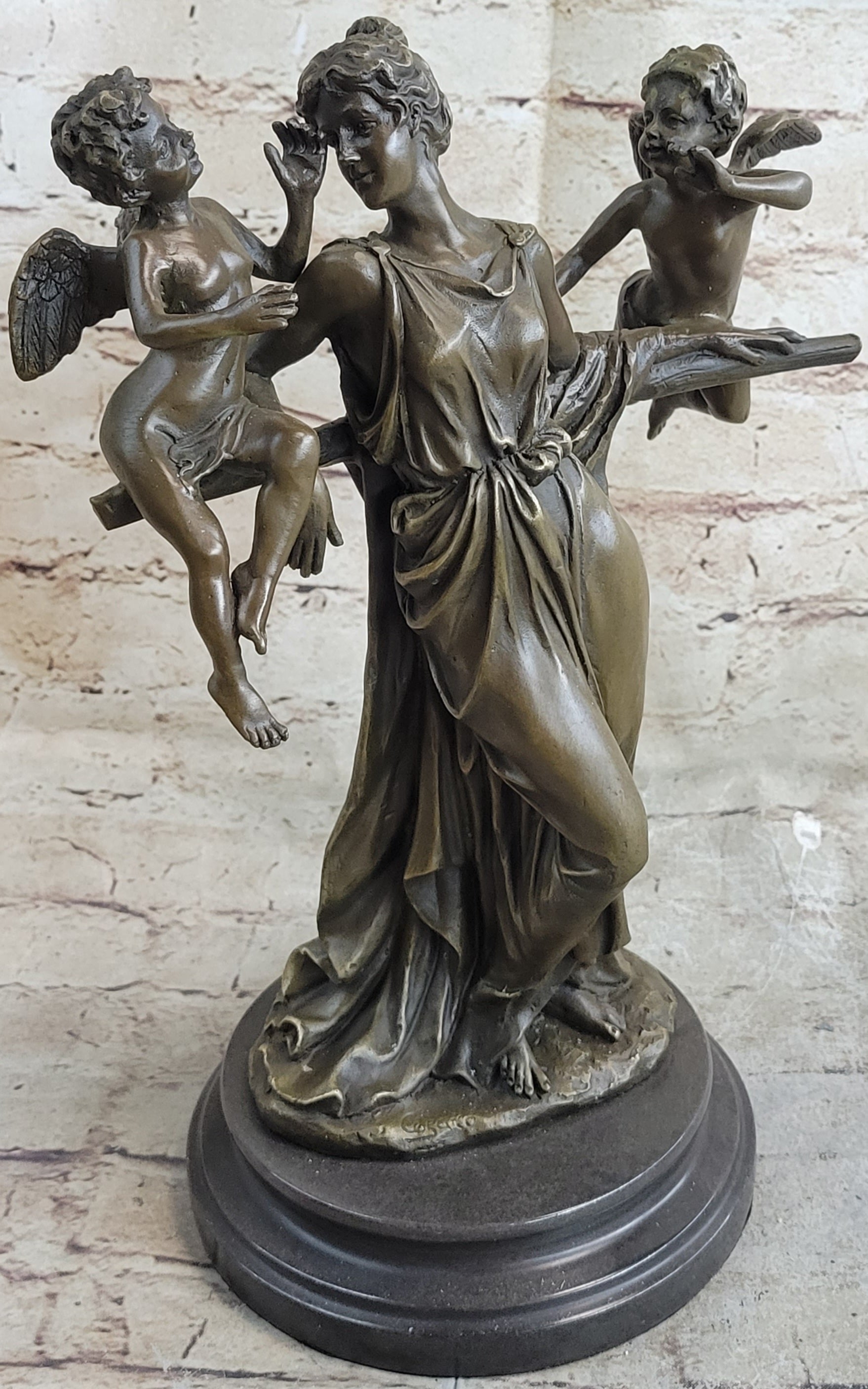 Elegant Female Nude Cherub Child Mother & Angel Bronze Marble