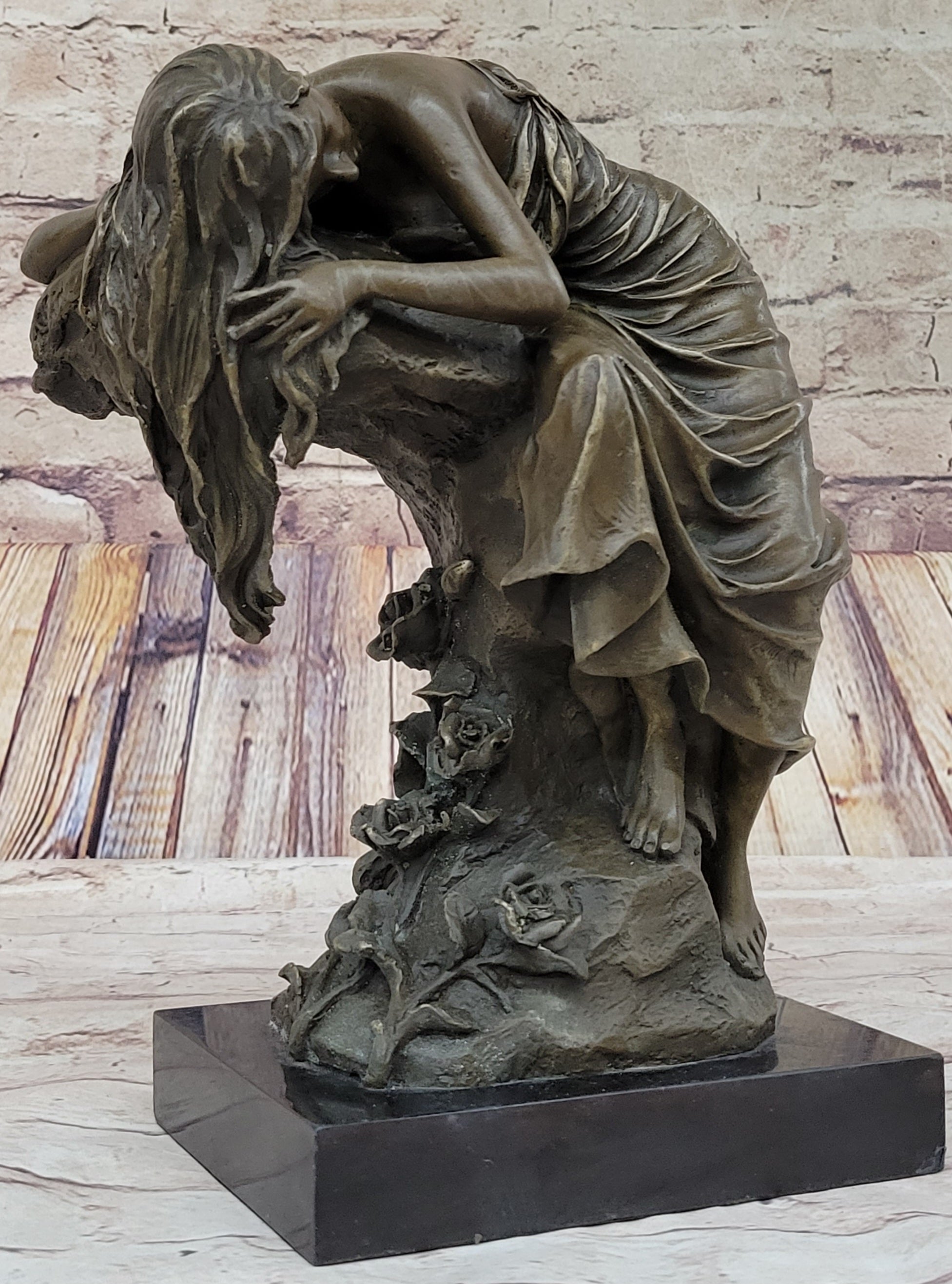 Signed Naked Lady Resting Bronze Sculpture Marble Base Figure
