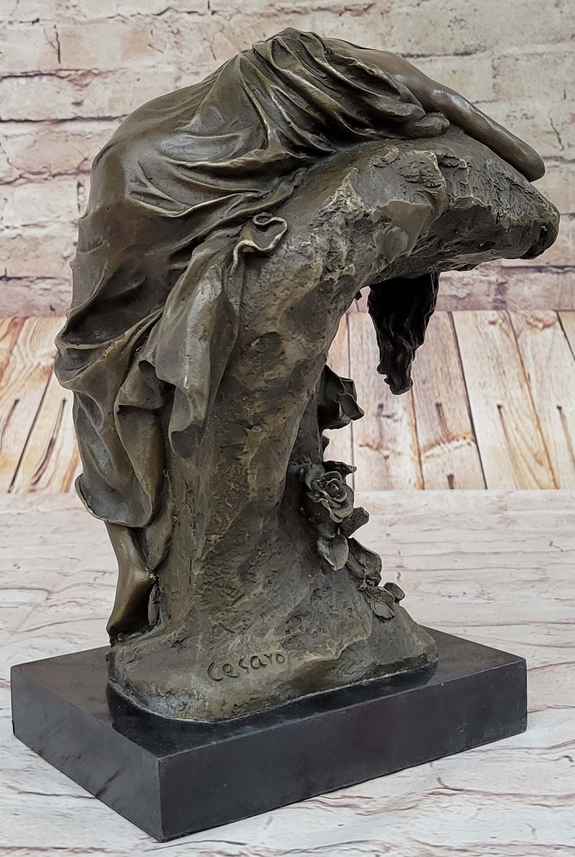 Signed Naked Lady Resting Bronze Sculpture Marble Base Figure
