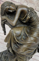 Signed Naked Lady Resting Bronze Sculpture Marble Base Figure